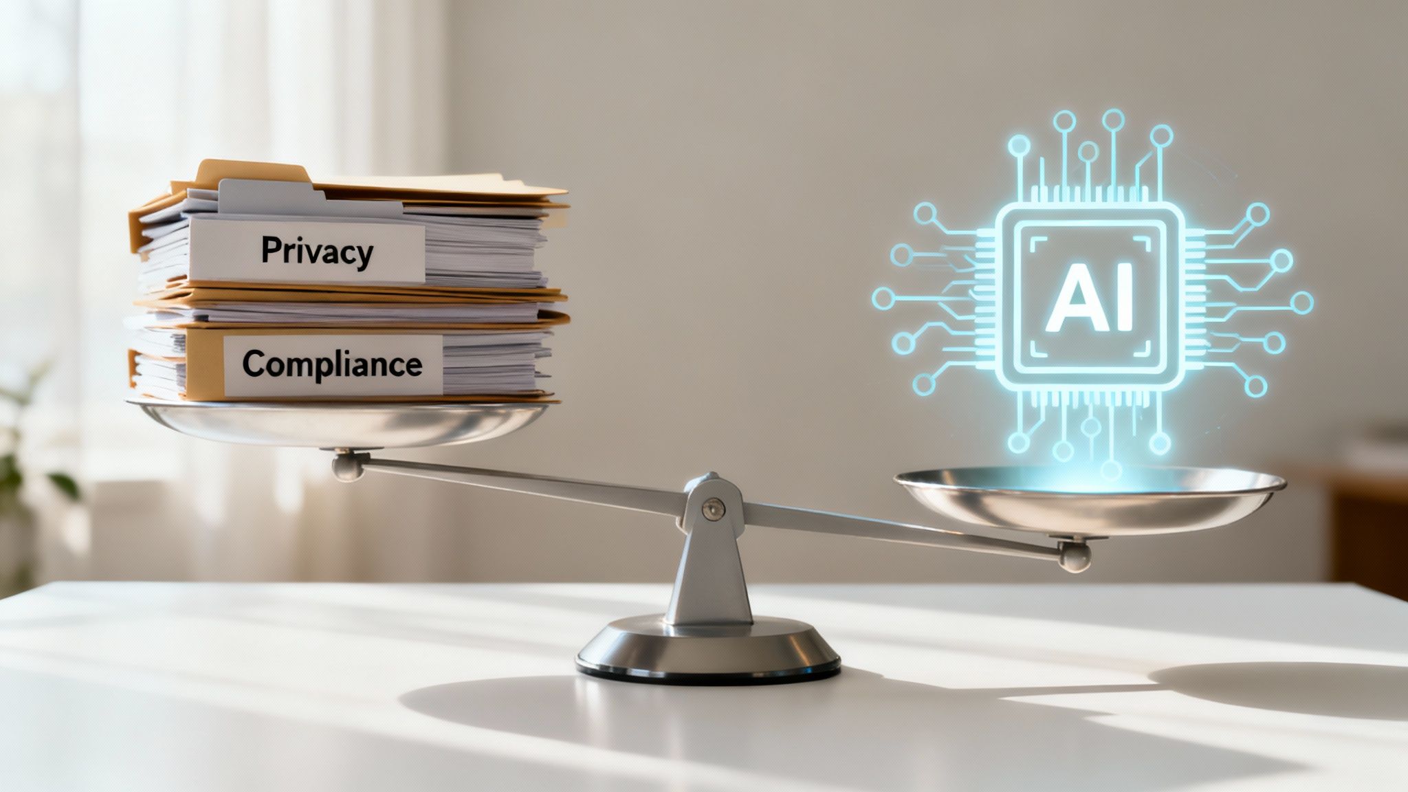 A balance scale with file folders labeled 'Privacy' and 'Compliance' outweighing a glowing AI chip.