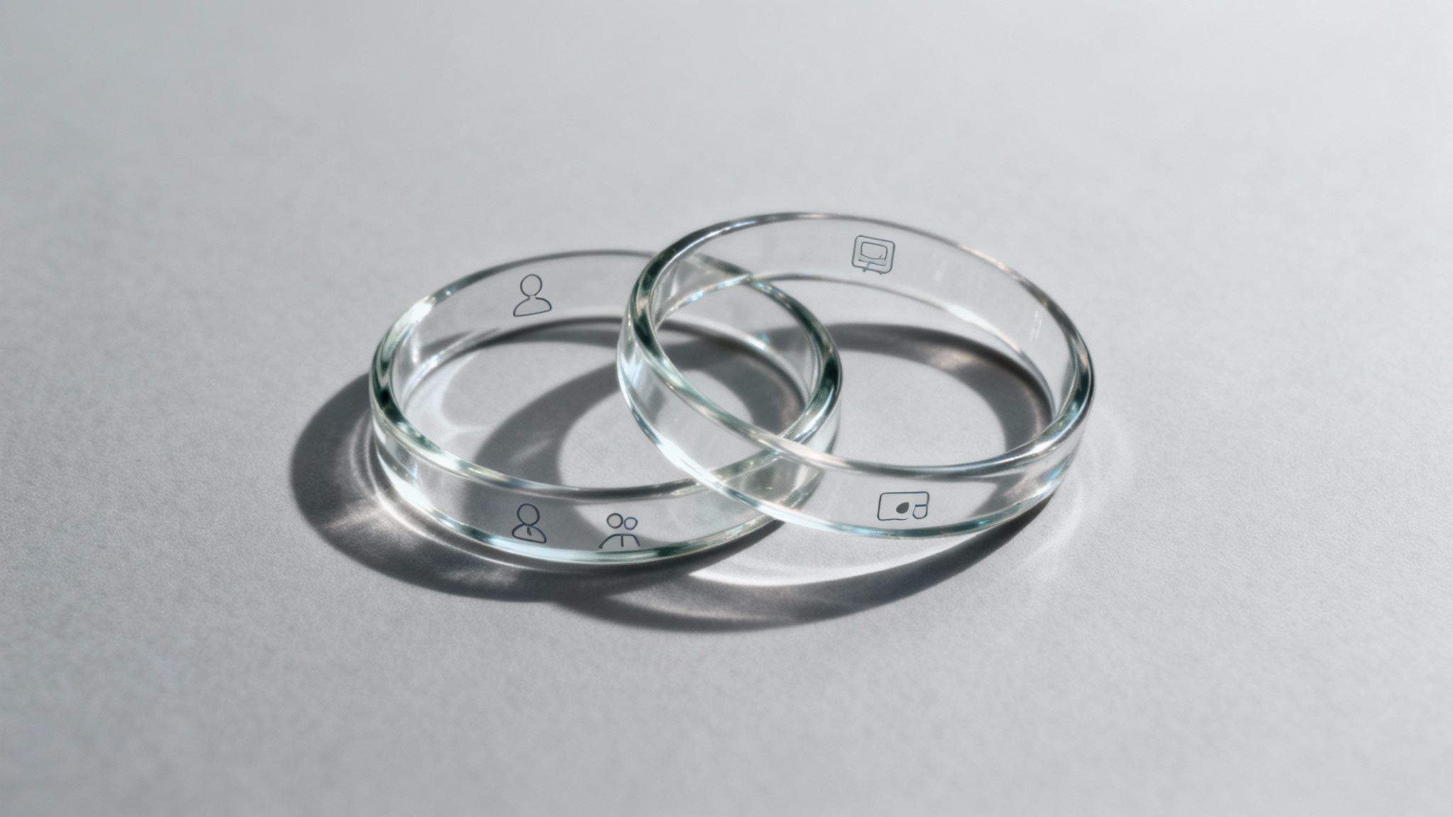 Two clear glass rings, interlinked, displaying social and digital media icons.