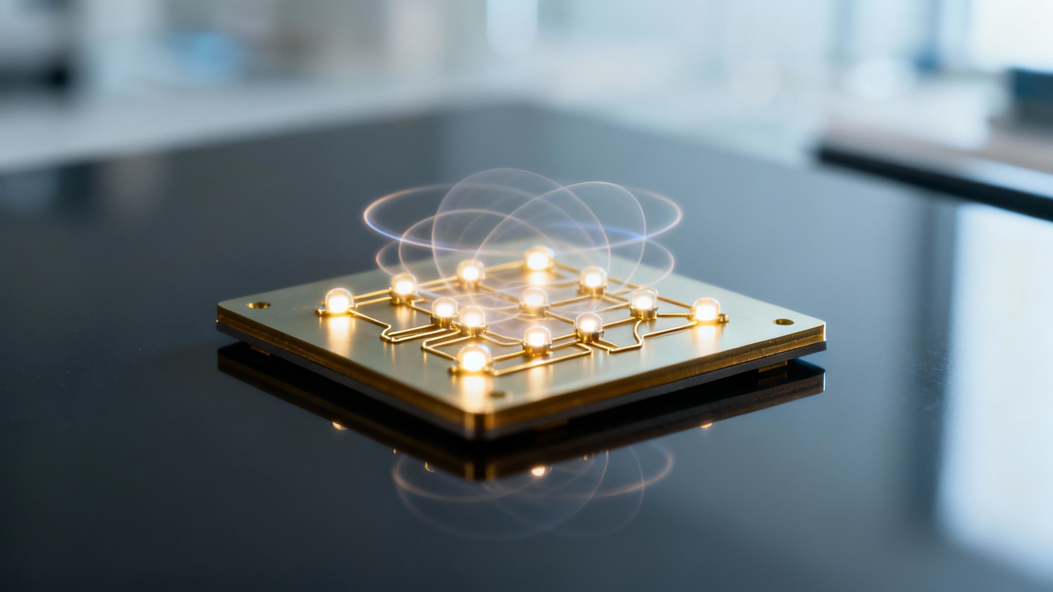 Quantum computing chip with glowing nodes and orbital rings representing advanced future technology innovation