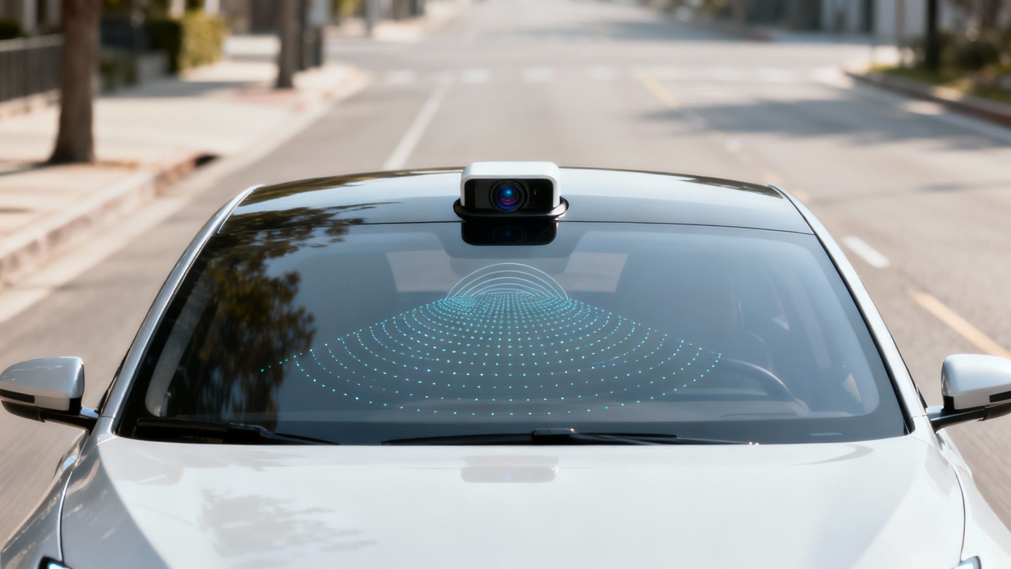 A close-up view of the complex sensor array mounted on the roof of an autonomous vehicle.