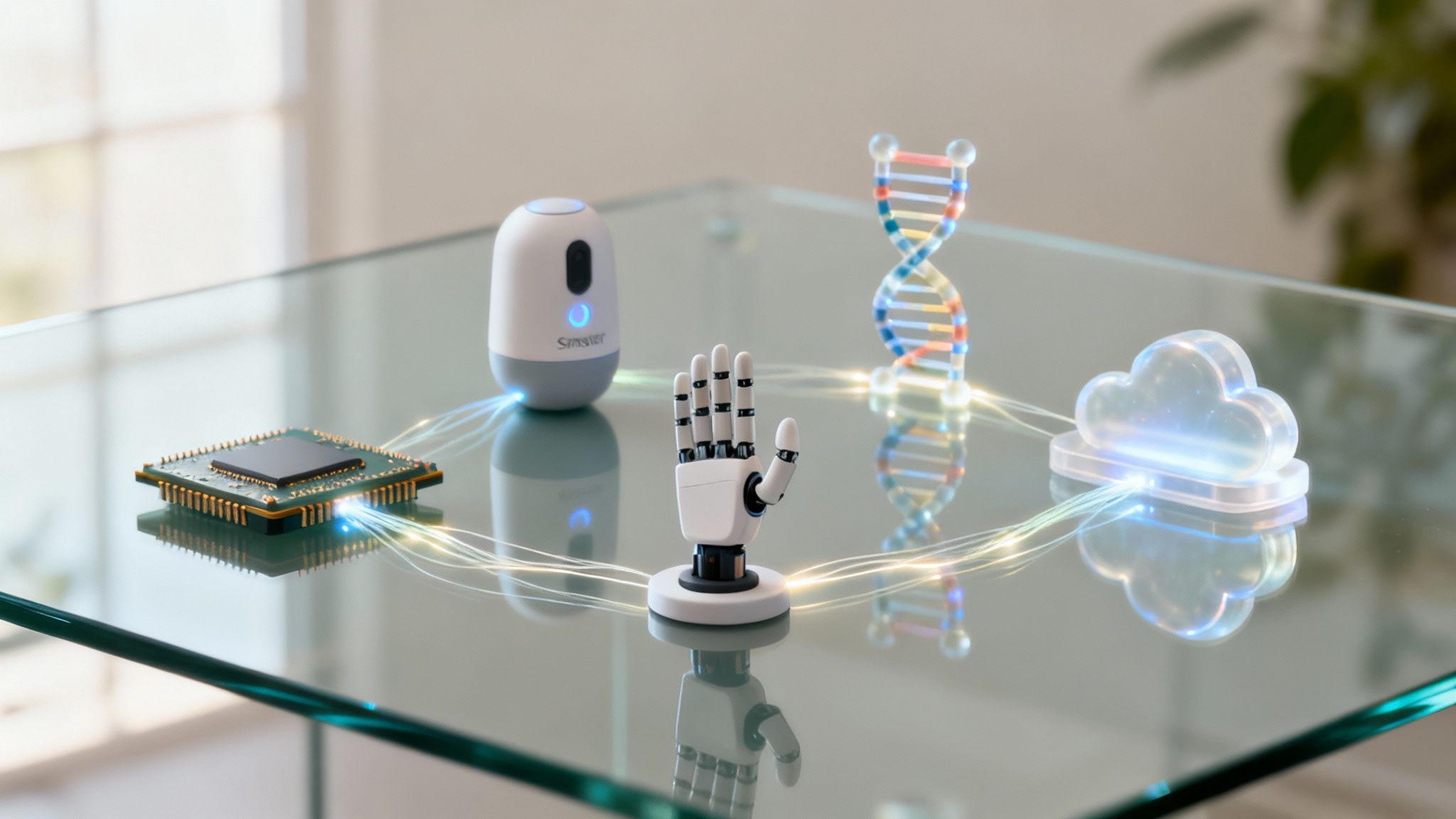 Futuristic image of technology integration: CPU, robotic hand, DNA, and cloud computing linked by light.