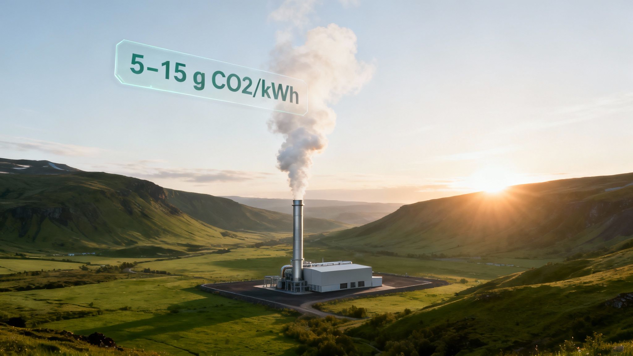 A geothermal power plant emits steam in a scenic green valley, with a low CO2 emissions display.