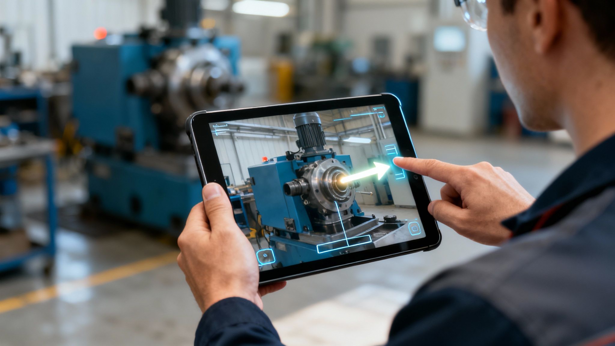 Engineer uses augmented reality on a tablet to inspect industrial machinery in a factory.