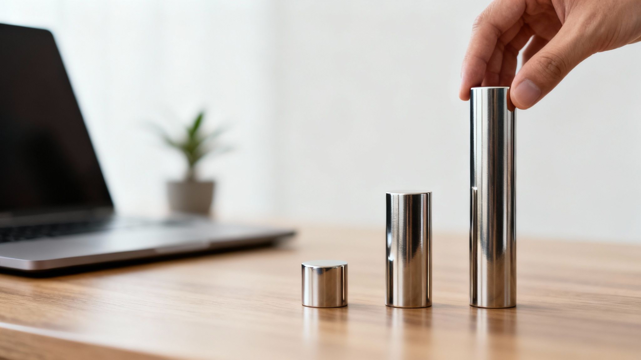 A hand places a tall silver cylinder on a wooden desk, forming a growing bar chart.