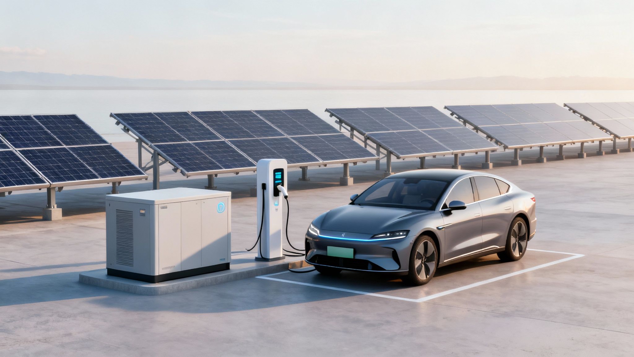 An electric car charges at a station powered by solar panels and a battery storage unit.