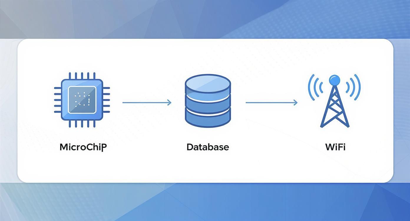 A diagram illustrates data flow from a microchip to a database, then wirelessly via WiFi.