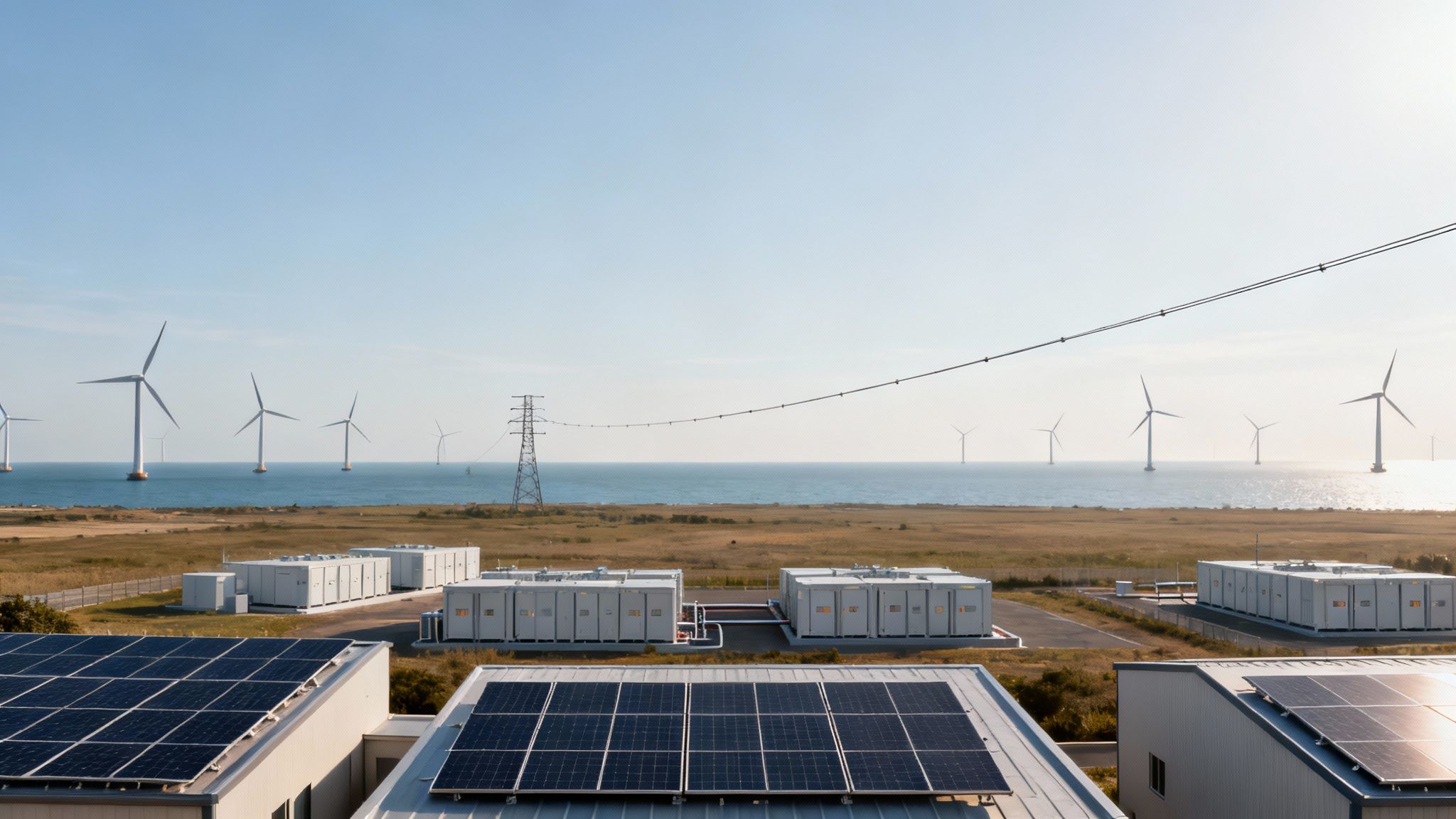 Offshore wind turbines, solar panels, and energy storage facilities demonstrate diverse renewable power generation.