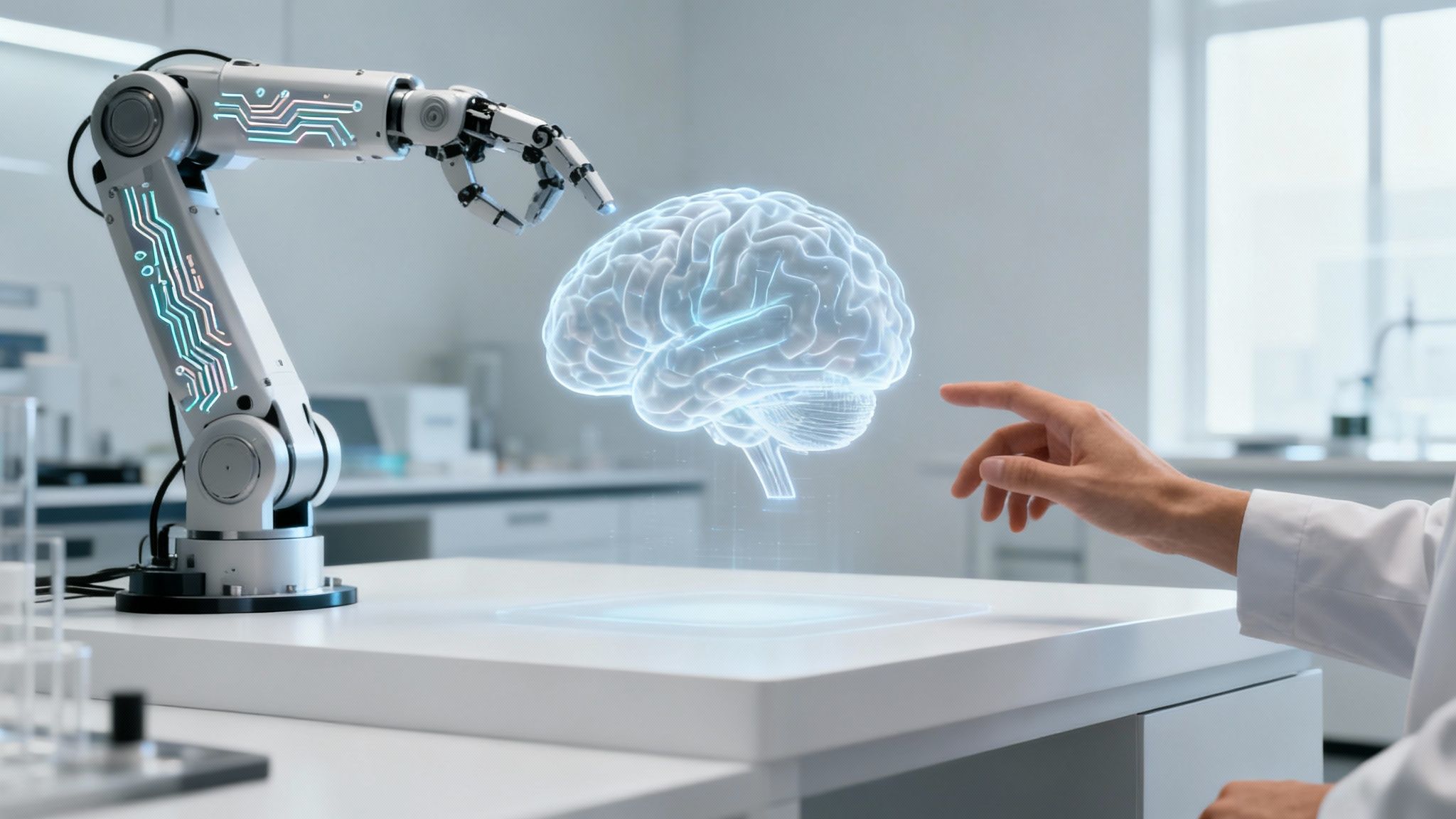 A robotic arm and a human hand interact with a holographic brain in a futuristic science lab, symbolizing AI and neuroscience research.