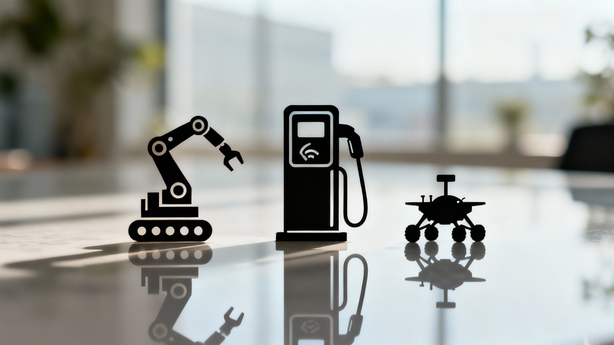 An AI-powered robotic arm working in a clean, futuristic factory.