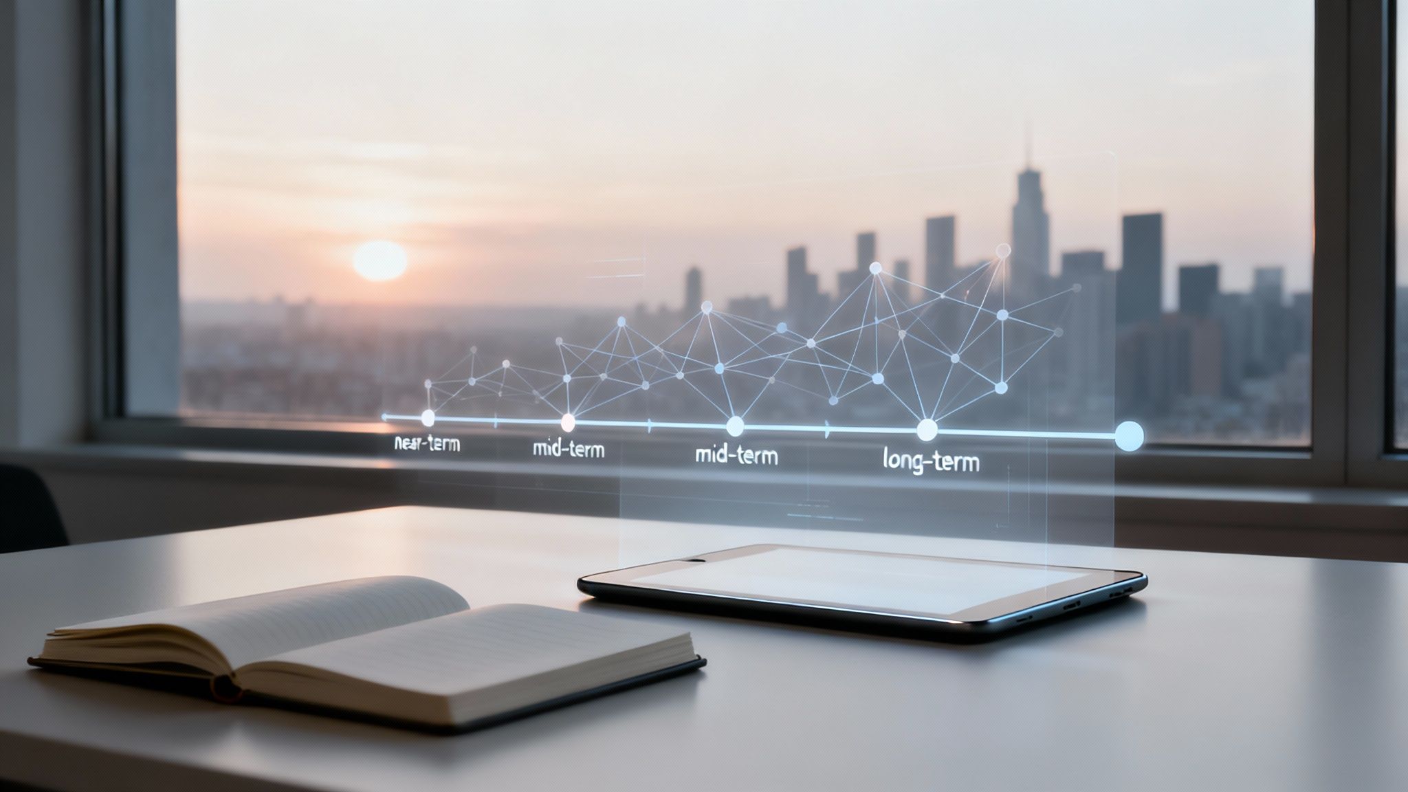 Skyscrapers with digital data streams flowing between them, symbolizing the future of AI.