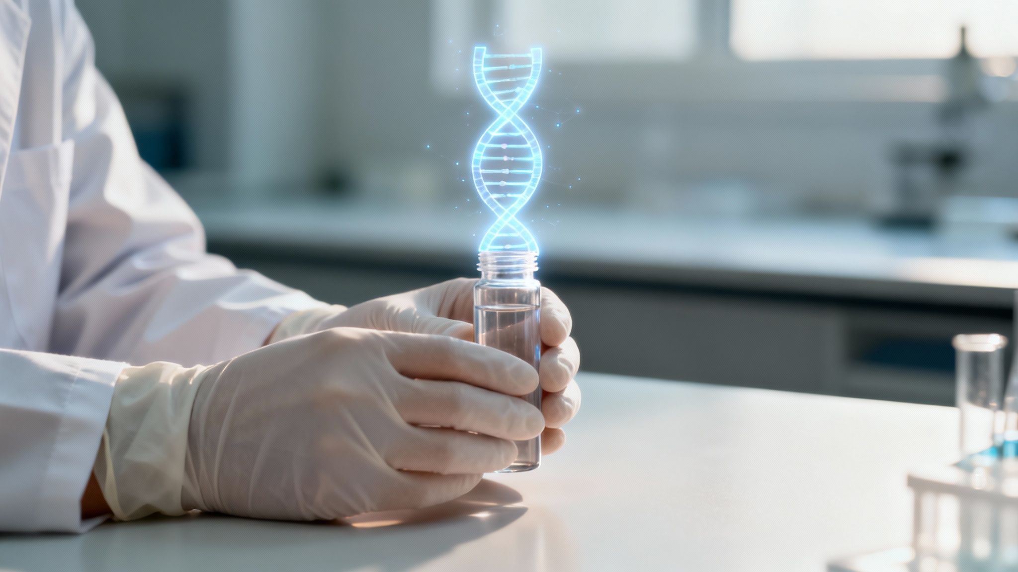 Scientist in lab coat and gloves holding a vial with a glowing DNA helix, symbolizing genetic research.