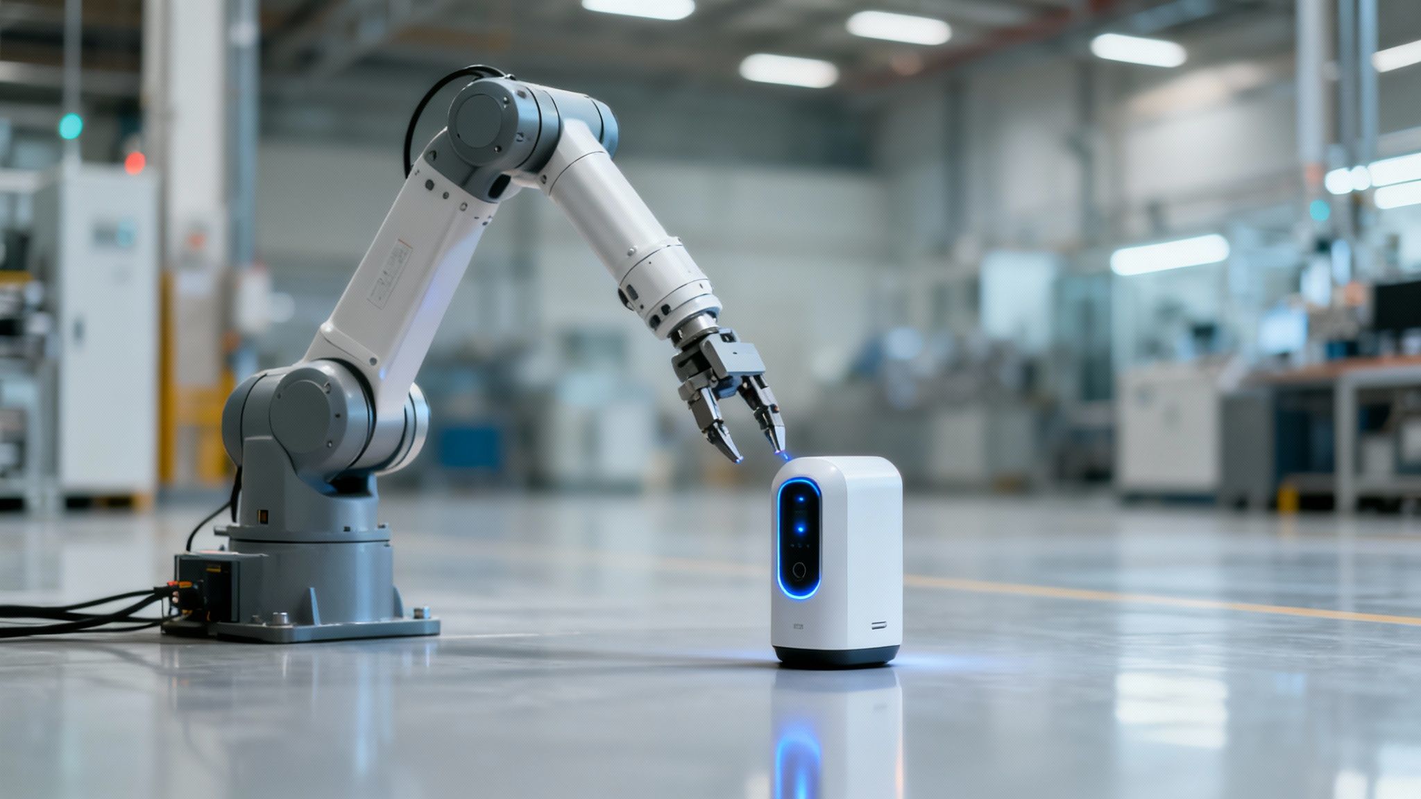 A white and grey robotic arm extends towards a small white smart device with blue lights on a reflective factory floor.
