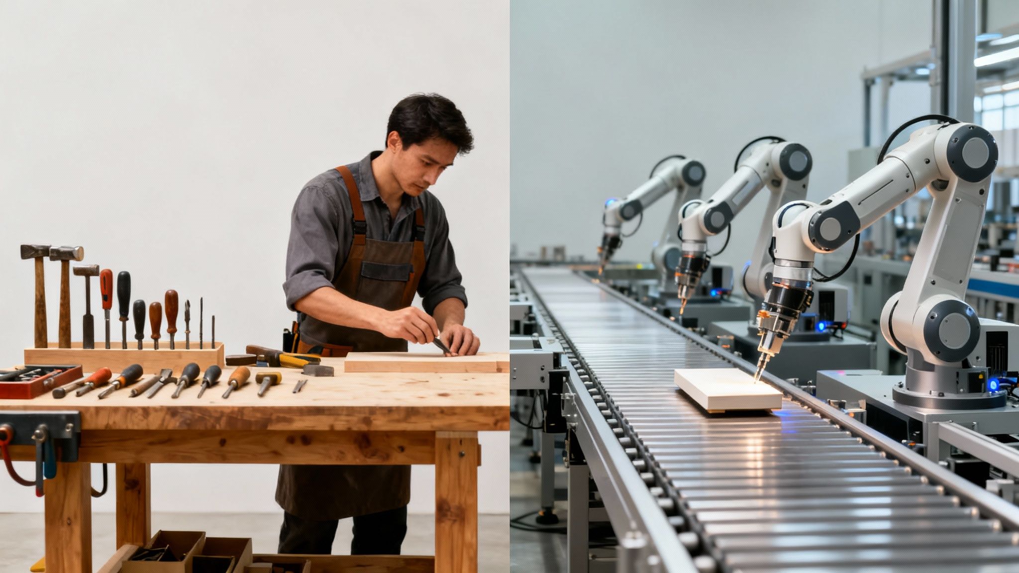 A craftsman carves wood by hand, contrasting with robotic arms automating production on a conveyor belt.