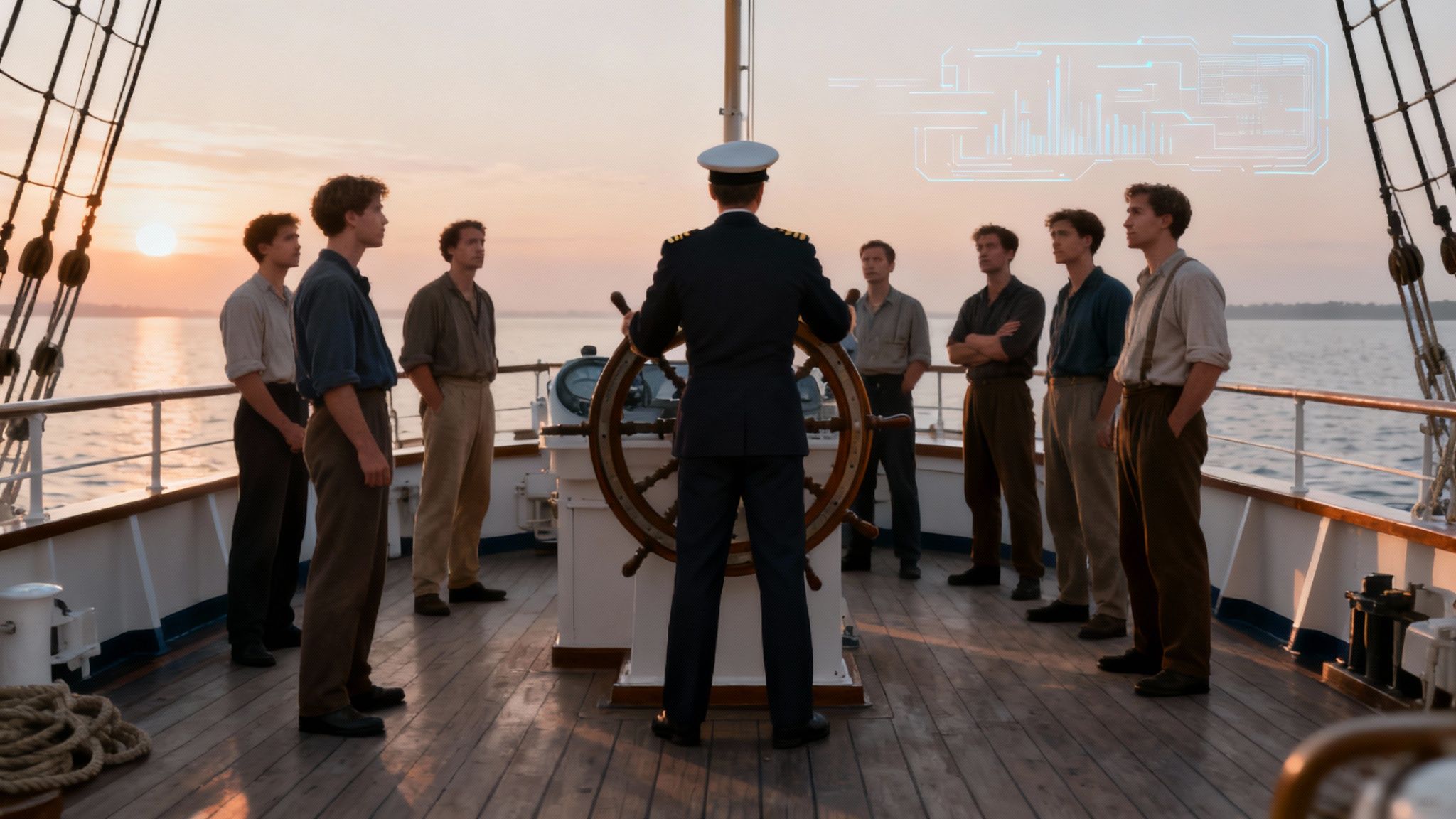 Ship captain in naval uniform addressing crew members on deck during sunset voyage