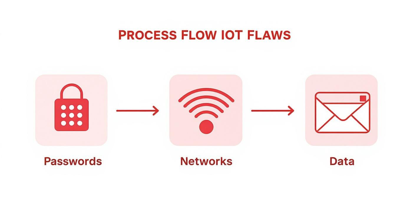 Diagram showing IoT security vulnerabilities through passwords, networks, and data transmission flow