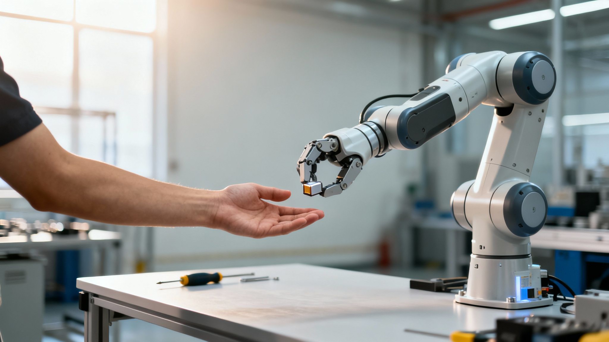 A collaborative robot arm is transferring a small part to a person's outstretched hand.