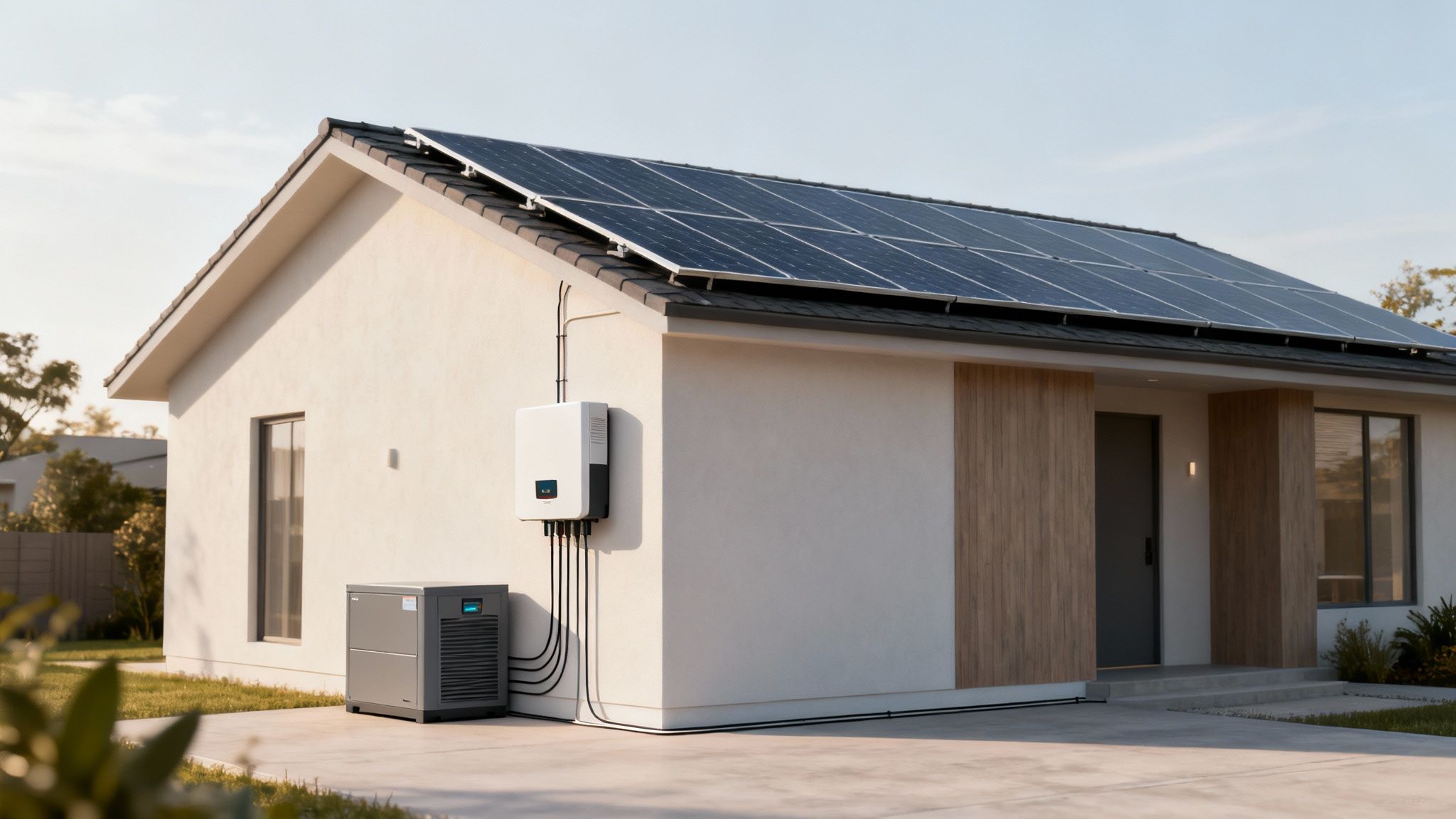 A complete solar power system on a residential rooftop, showing panels, wiring, and the inverter box on the side of the house.