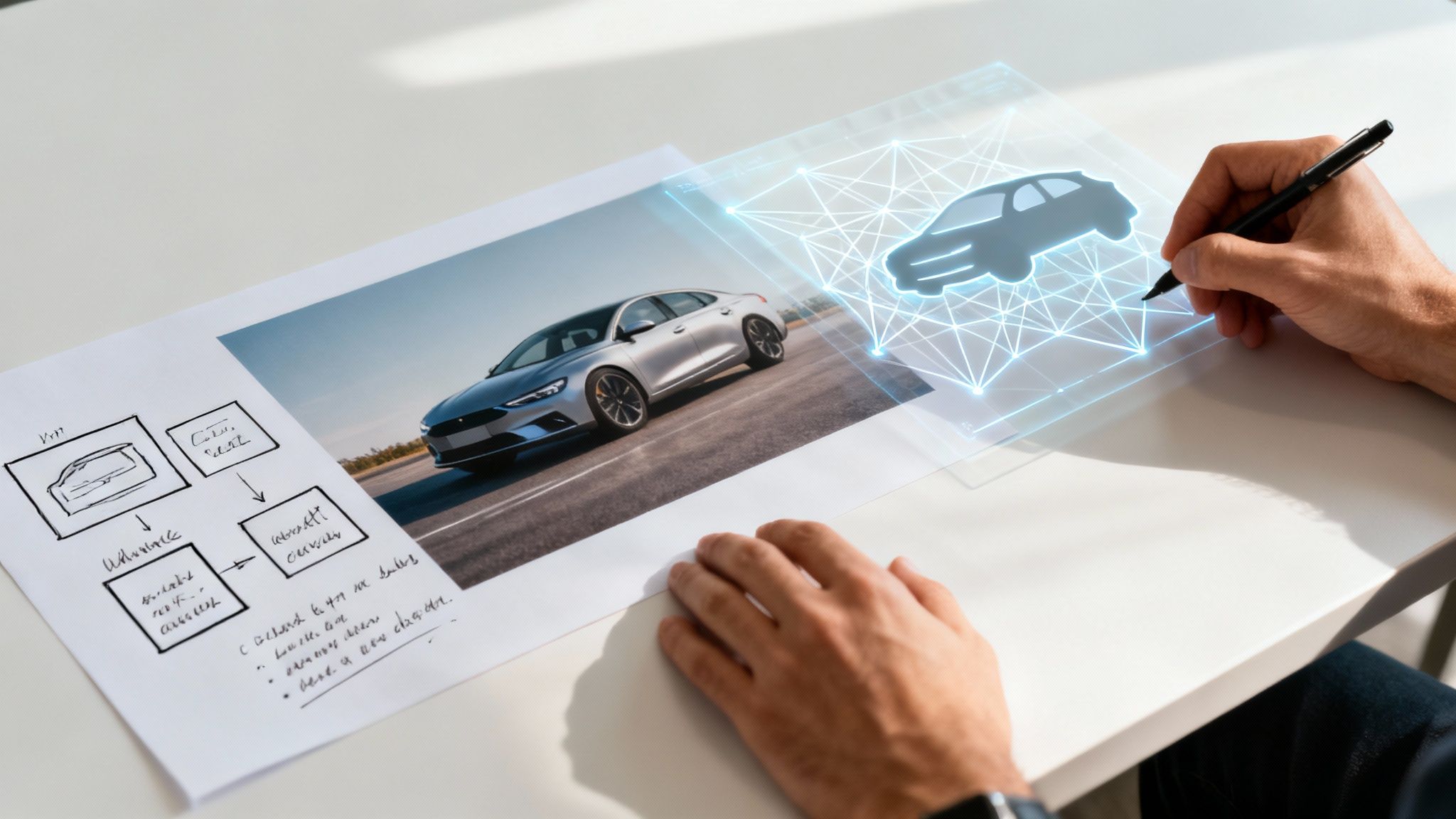 A person's hands interacting with a holographic car design, next to a printed car image and design sketches.