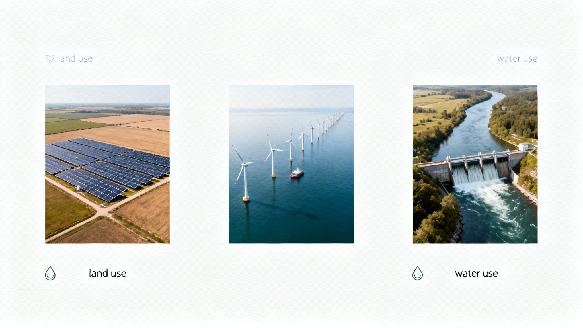 Aerial view comparing land use for solar panels and water use for offshore wind and a hydroelectric dam.