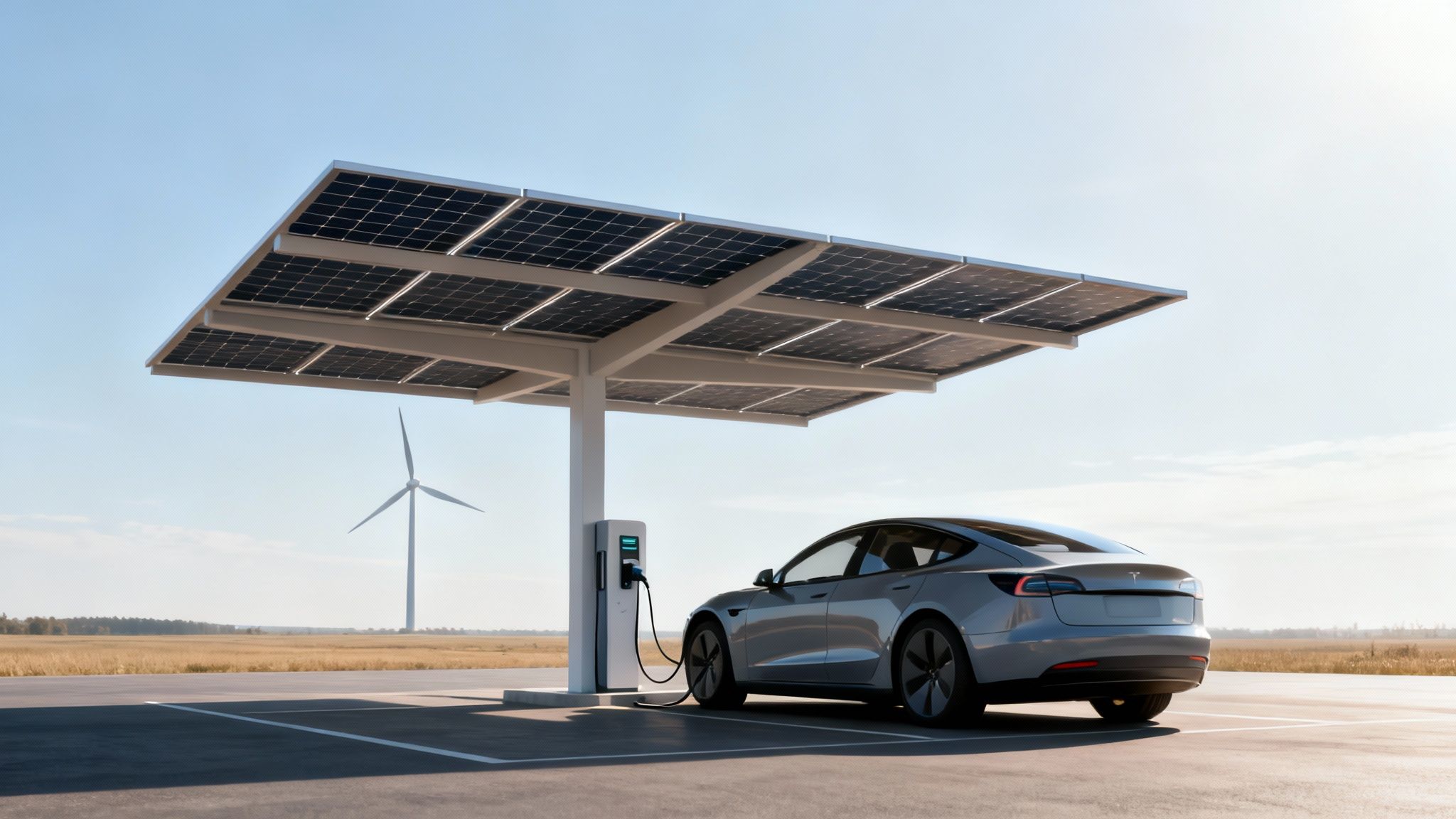 A silver electric car charges under solar panels with a wind turbine in a rural setting.