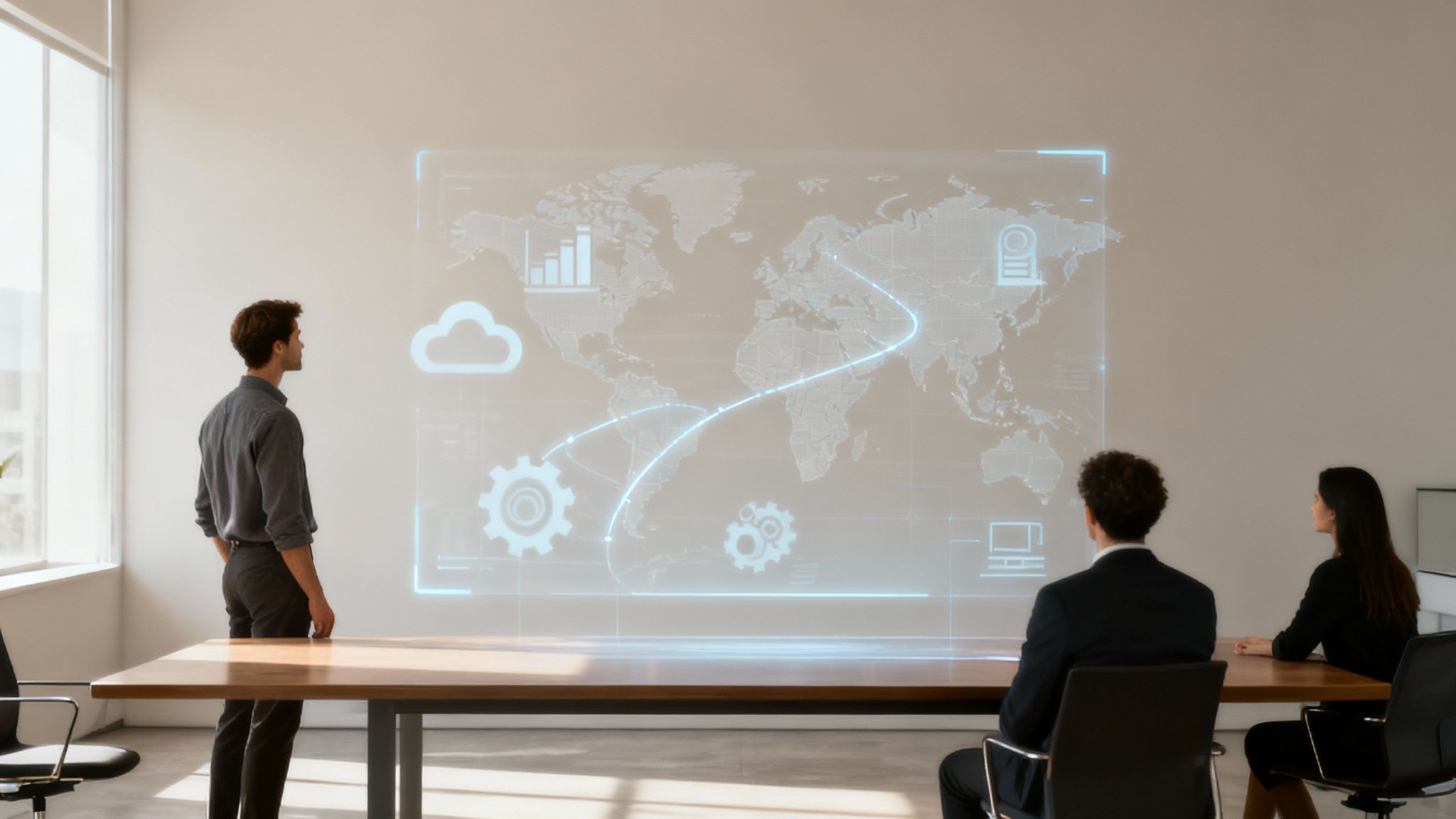 Business professionals viewing digital transformation presentation with global network connectivity and cloud technology icons