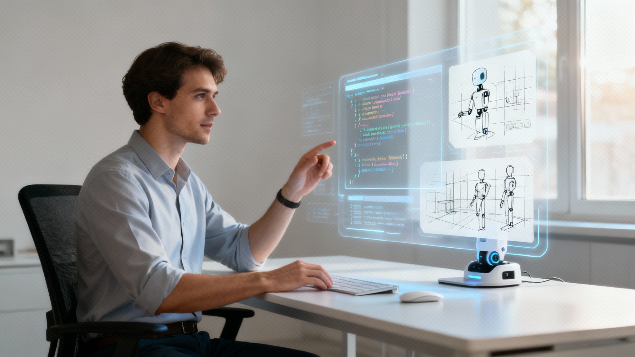 An advanced robotic arm performing a delicate task in a clean, modern factory.