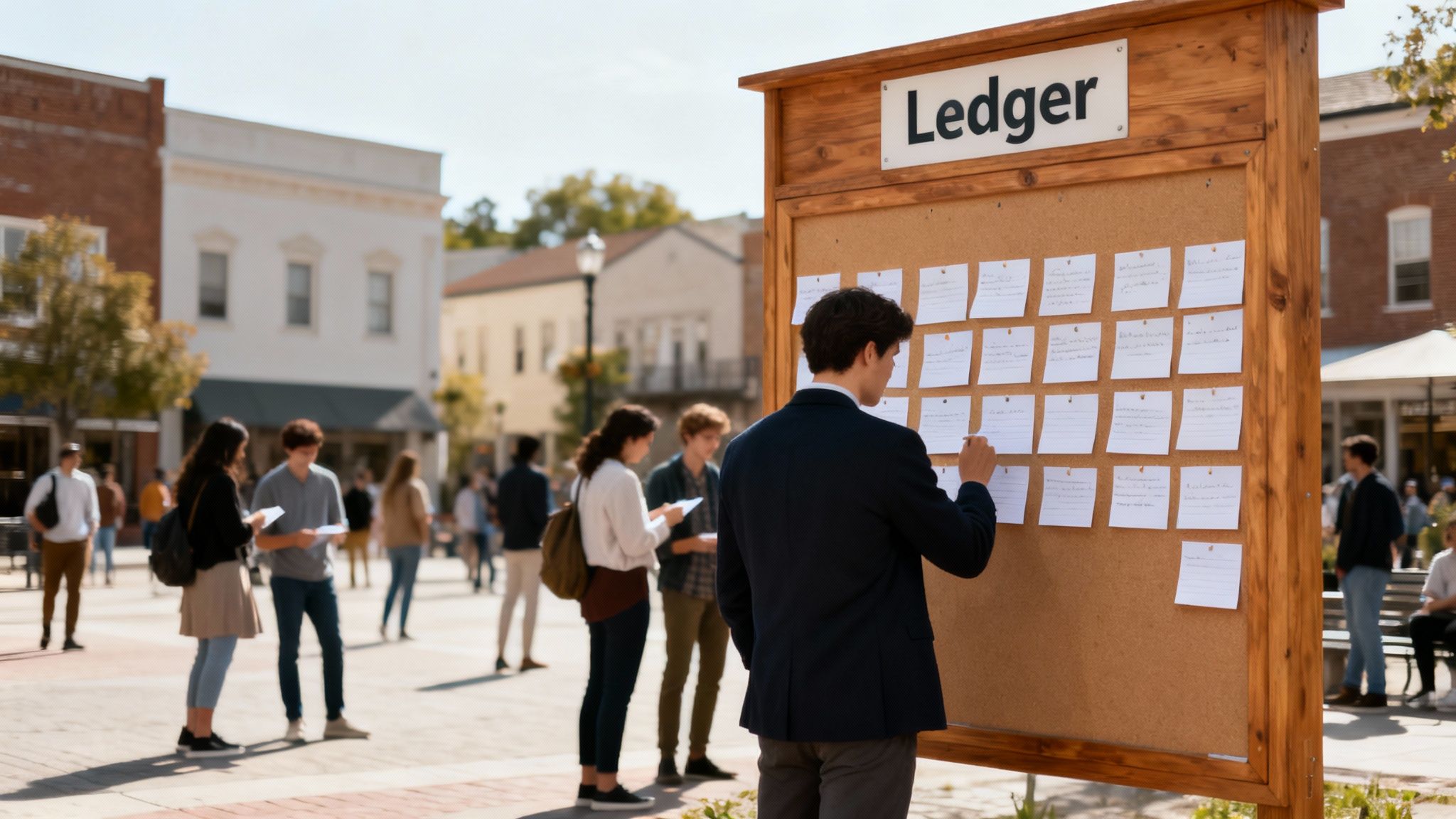 Young people gather around a large wooden bulletin board labeled 'Ledger' with many handwritten notes.