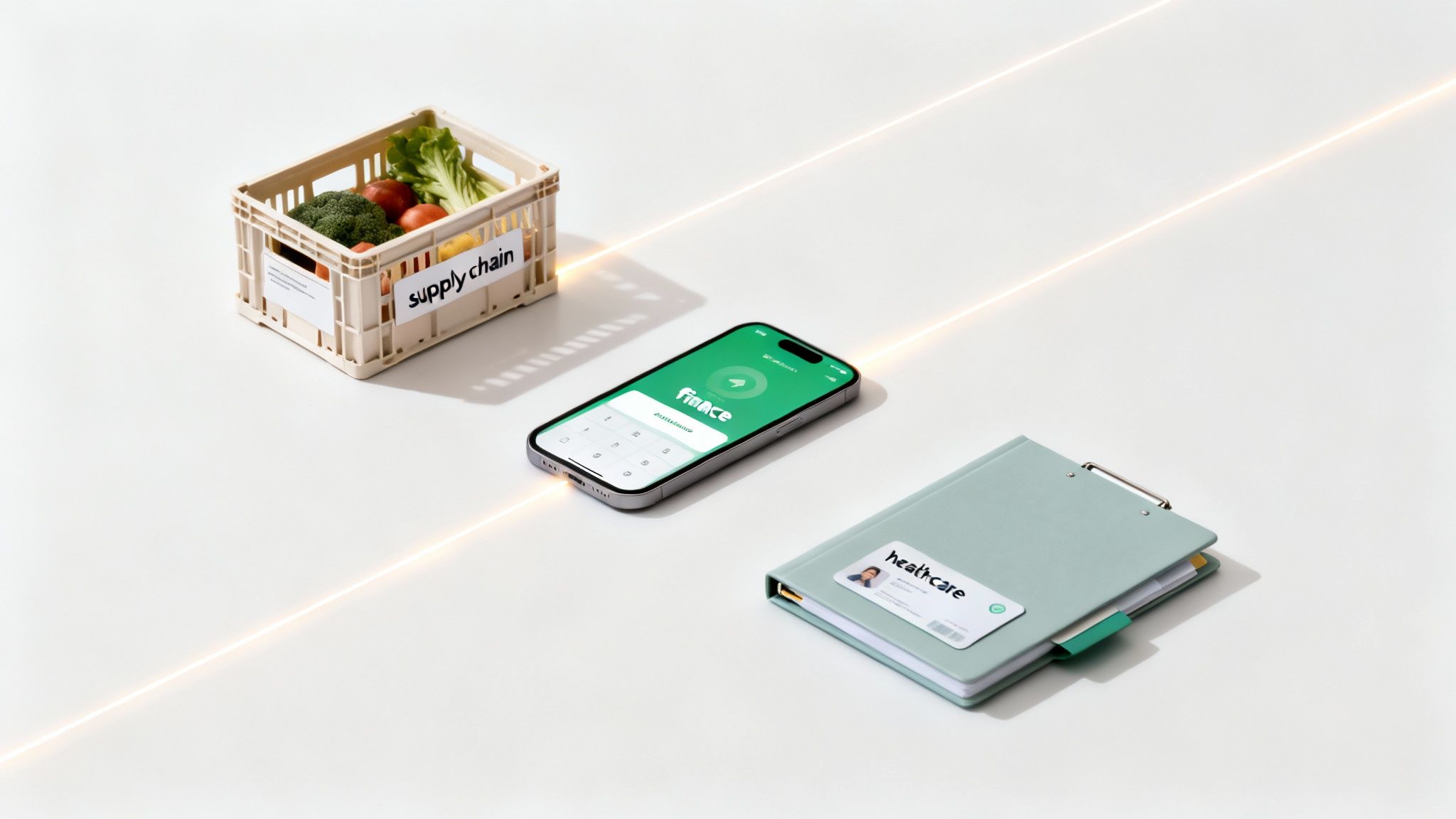 An illustration showing various industries like finance, healthcare, and logistics connected by blockchain technology.