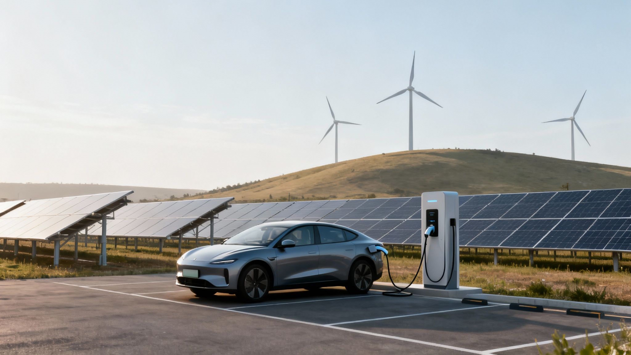 An electric car charges at a station, powered by solar panels and wind turbines in a field.