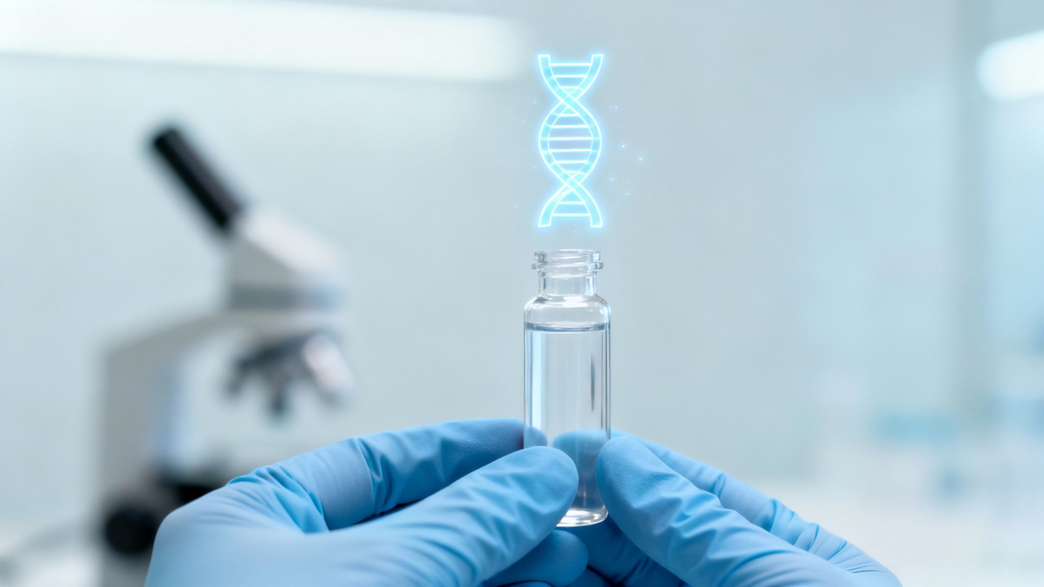 A gloved hand holds a vial with a glowing DNA helix hologram, a microscope in the background.