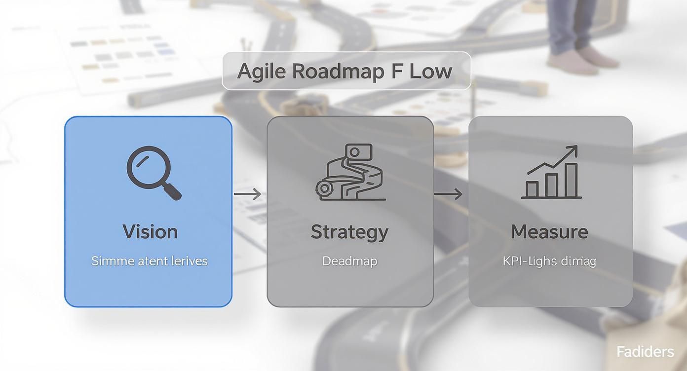 Agile roadmap flow diagram showing three stages: vision, strategy with deadmap, and measure with KPI