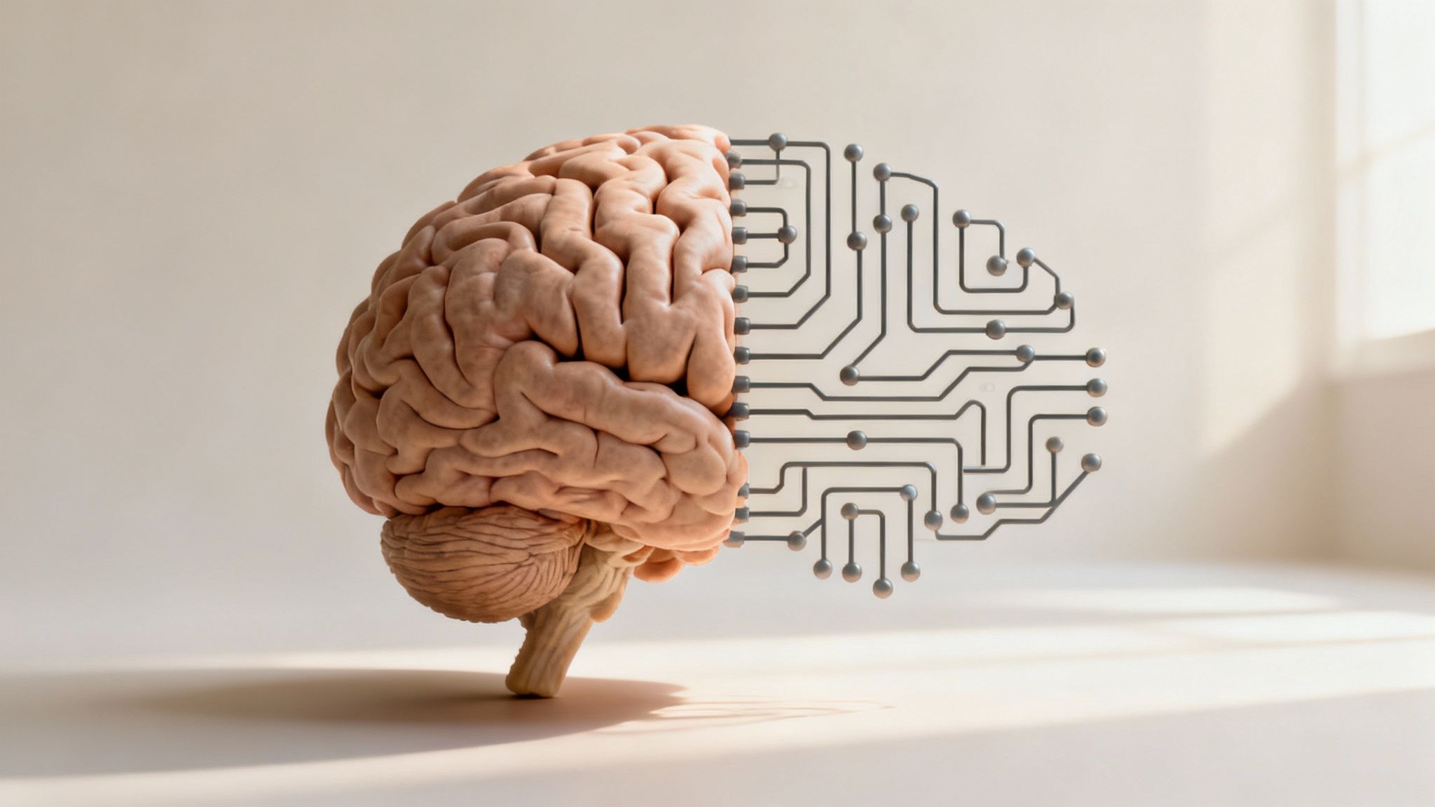 Human brain merging with digital circuit board representing artificial intelligence neural networks