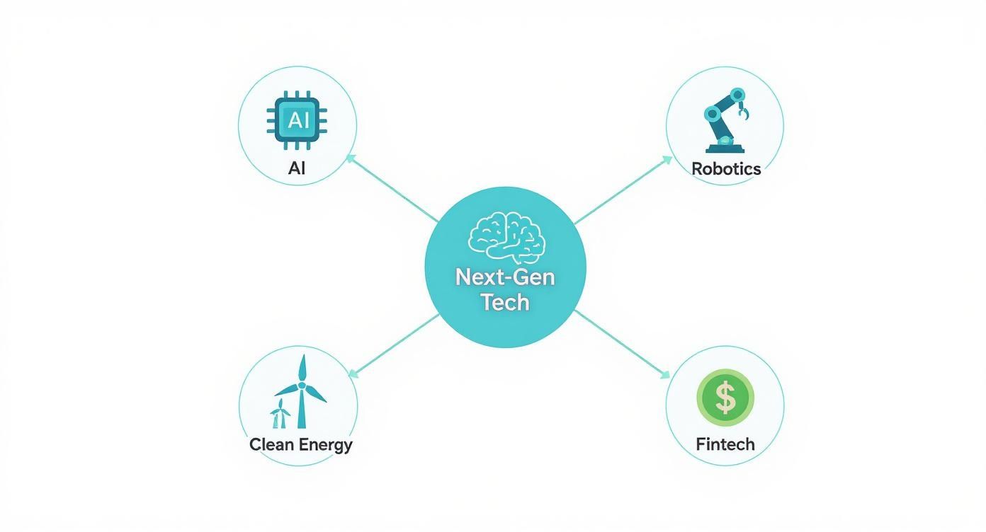 A diagram showcasing Next-Gen Tech with branches for AI, Robotics, Clean Energy, and Fintech.