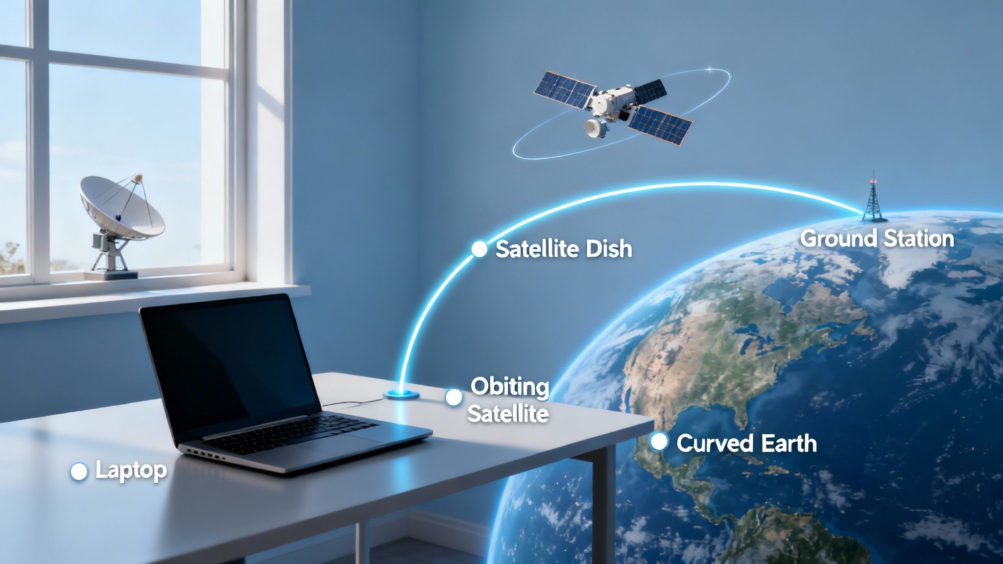 A diagram illustrating satellite internet connection, showing a laptop, orbiting satellite, ground station, and a satellite dish.
