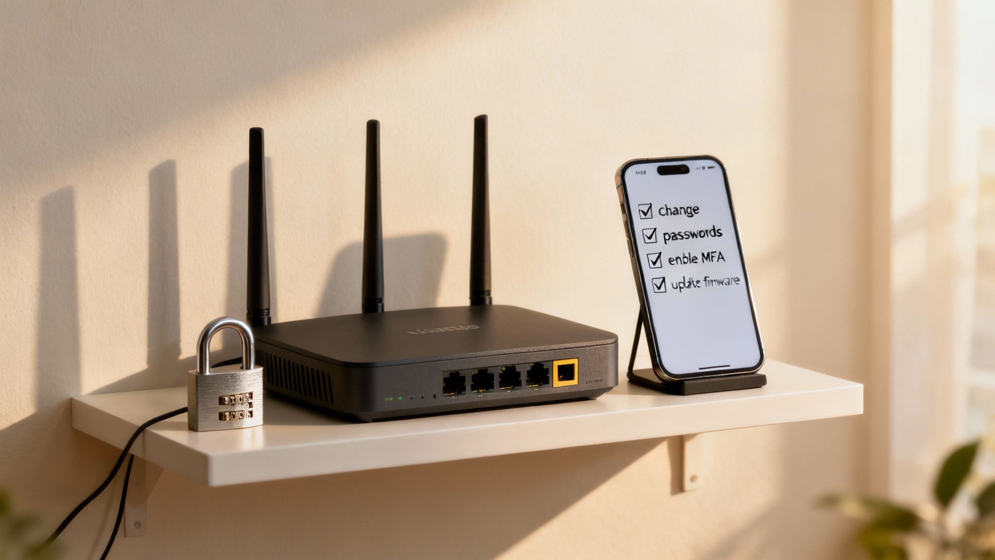 WiFi router with security checklist on phone showing passwords, MFA, and firmware updates
