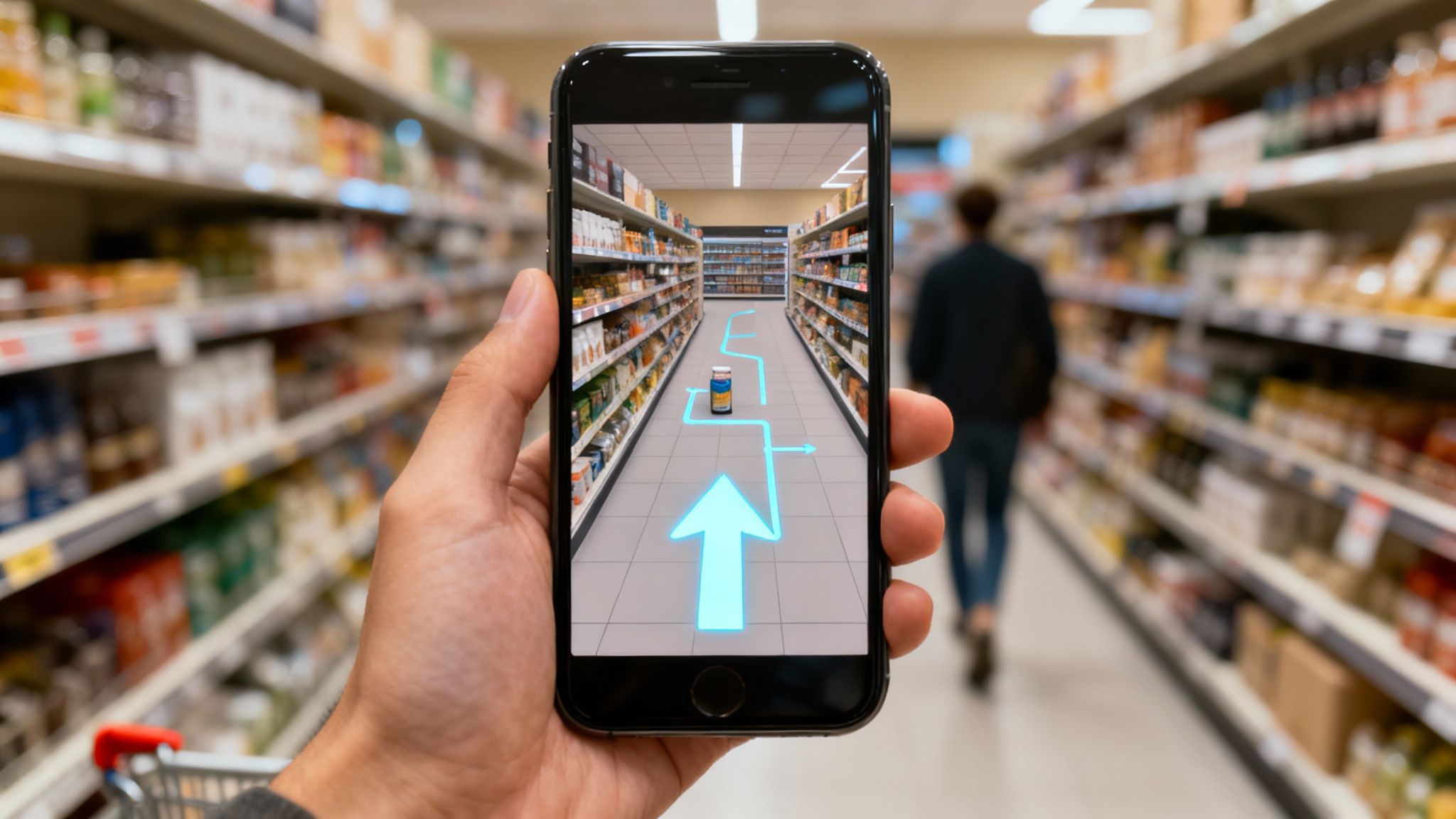 A hand holds a smartphone displaying augmented reality navigation in a grocery store aisle, guiding to a product.