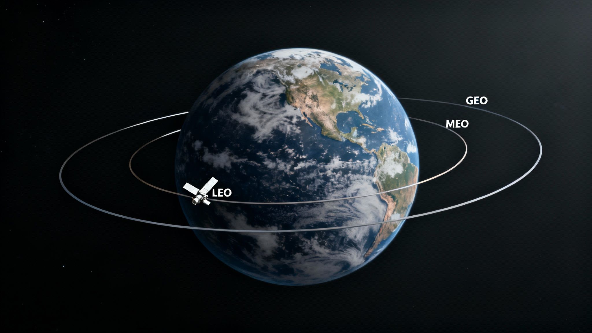 Earth with labeled satellite orbits: Low Earth Orbit (LEO), Medium Earth Orbit (MEO), and Geostationary Earth Orbit (GEO).