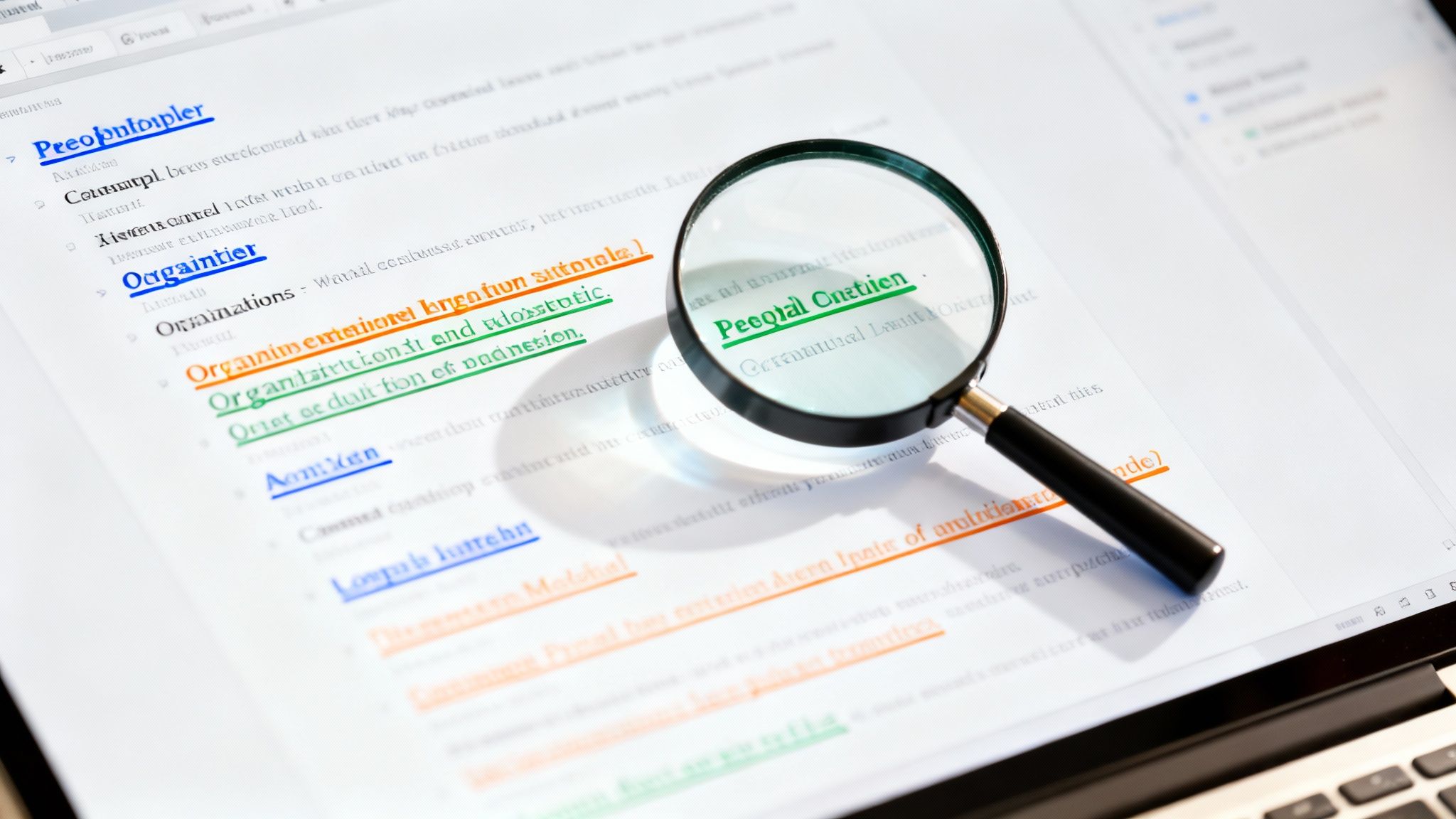 Close-up of a laptop screen displaying a document with colorful highlighted text and a magnifying glass.