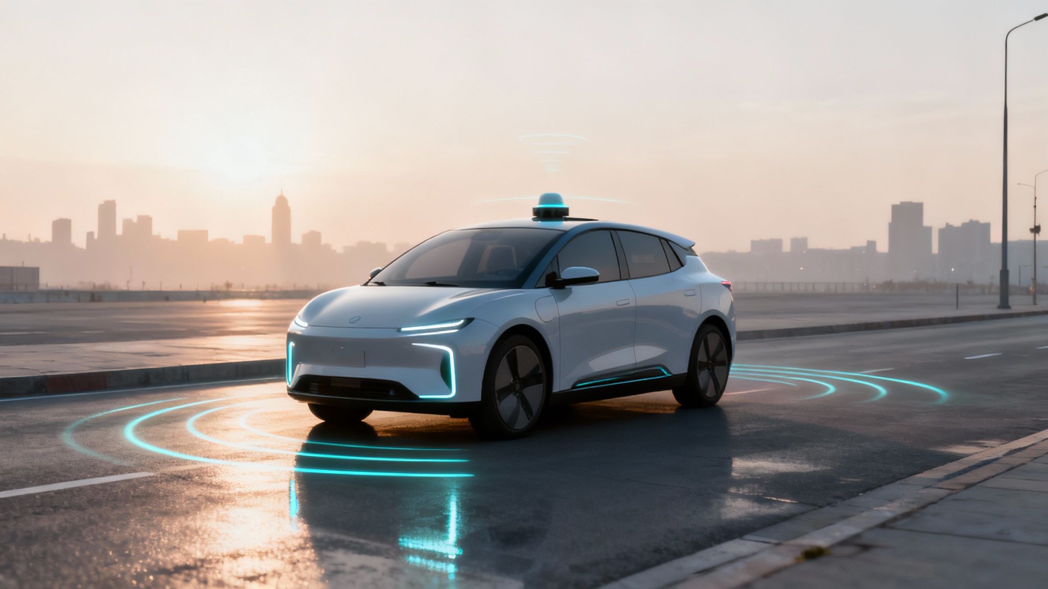 Autonomous electric vehicle with glowing blue sensors scanning road environment at dawn