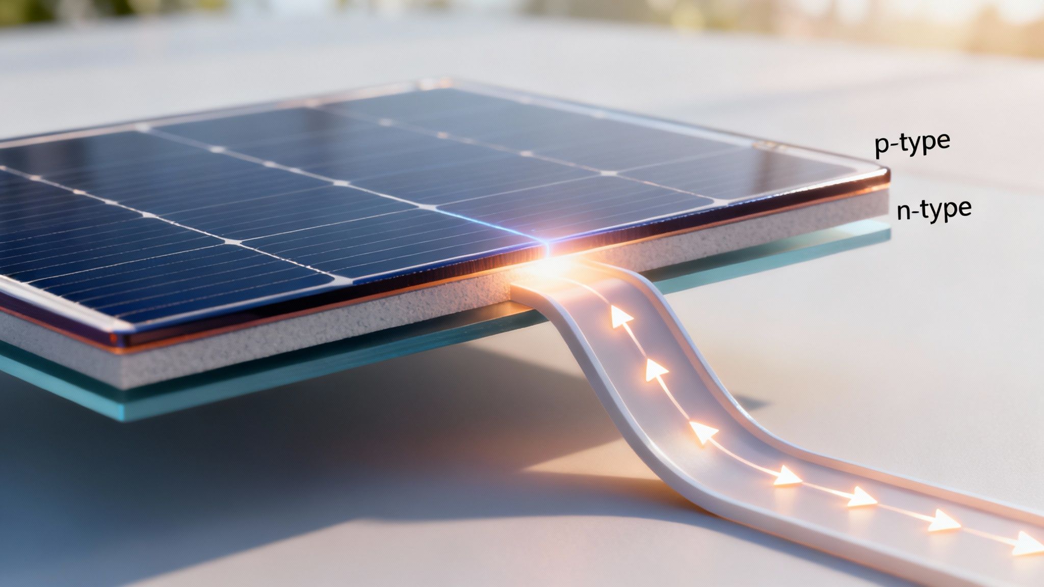 A close-up view of the crystalline structure of a solar panel, with sunlight illuminating its surface.