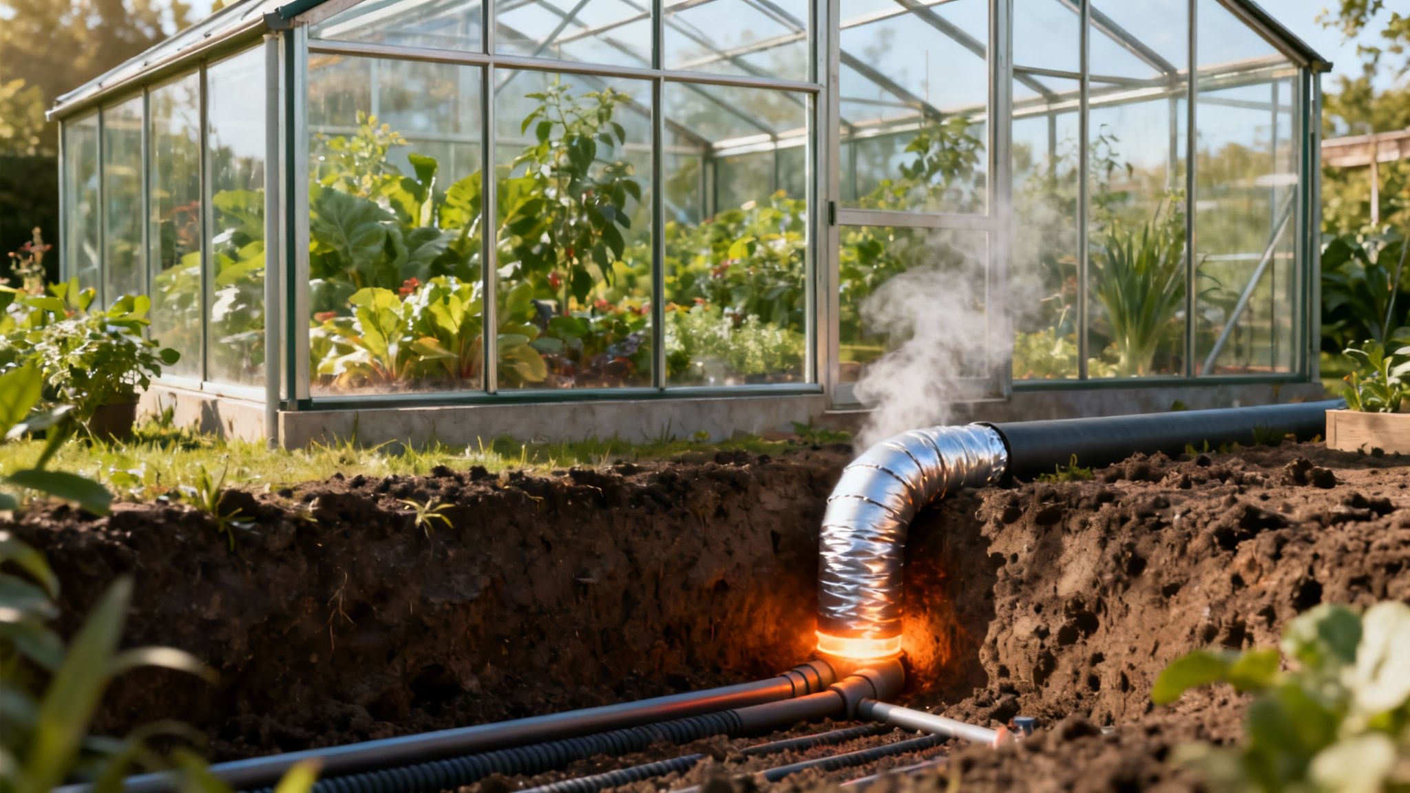 Geothermal heating system pipes glowing and steaming in a trench next to a garden greenhouse.