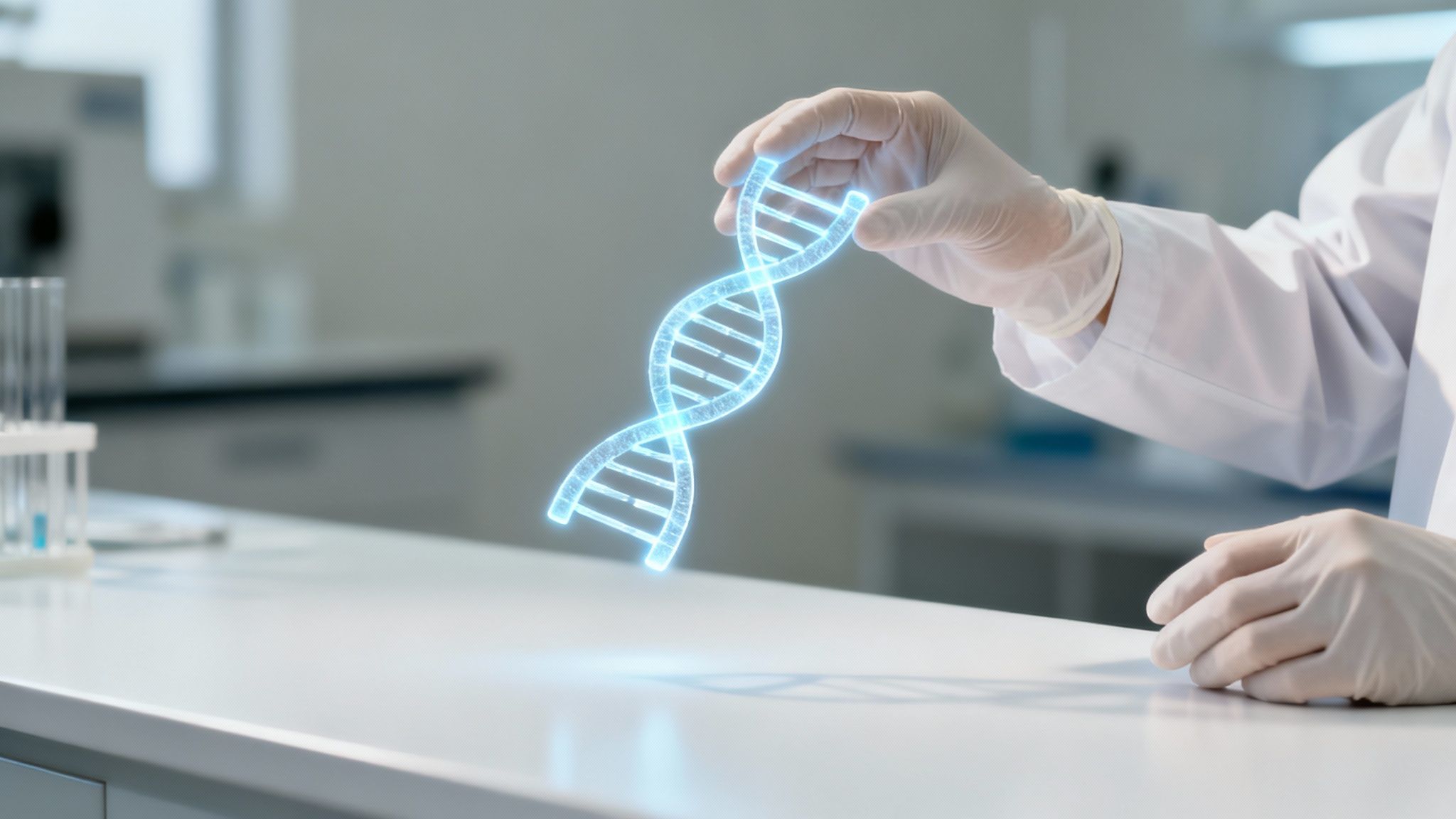 A detailed illustration of a DNA double helix, glowing with a futuristic blue light against a dark background, representing the field of genomics.