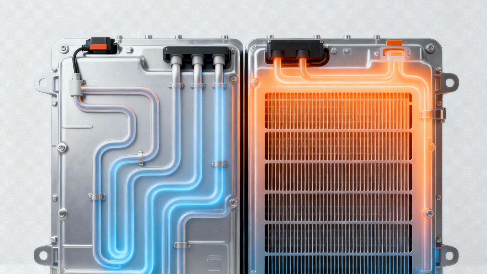 An illustration showing heat radiating from an EV battery pack, with arrows indicating airflow or liquid cooling channels.