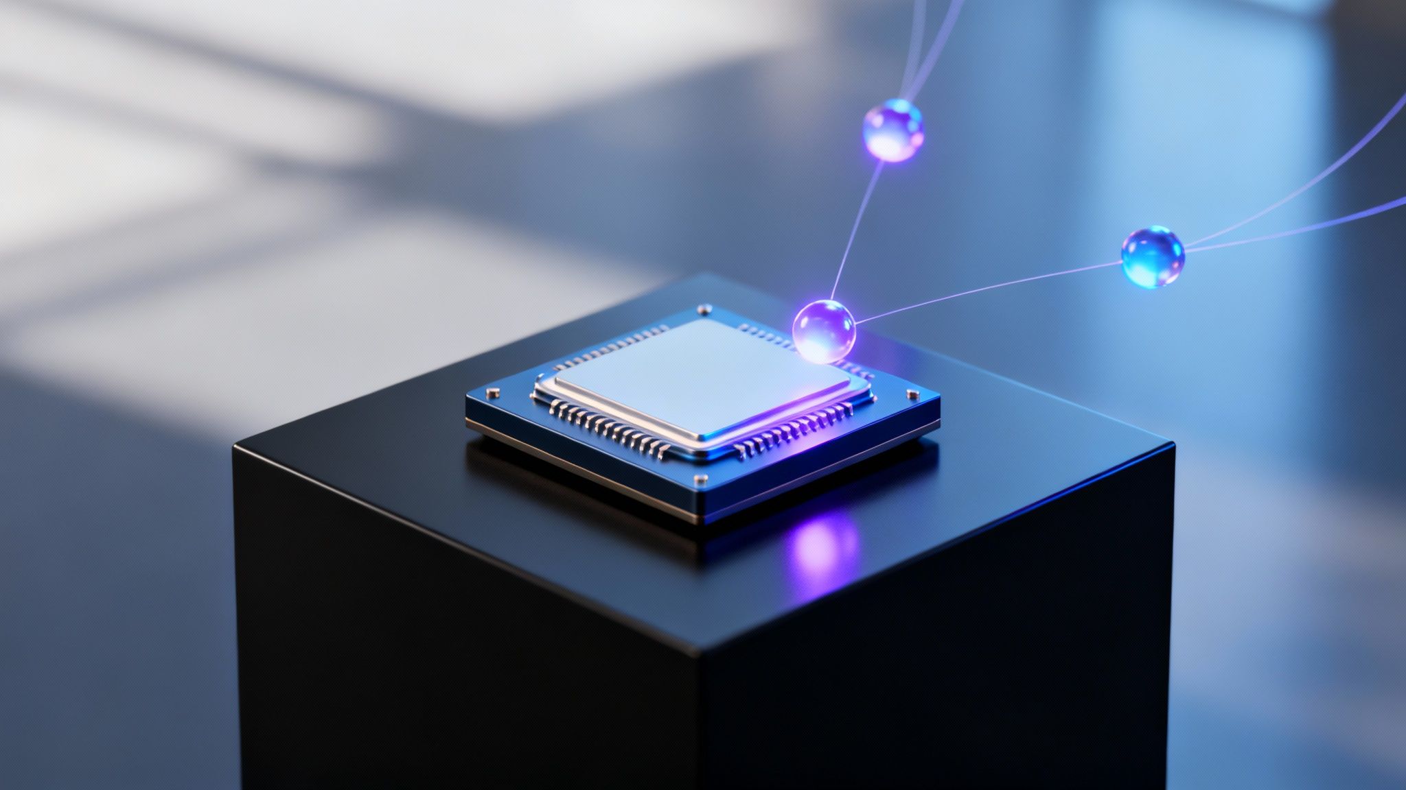 A futuristic microchip on a black platform with glowing blue-purple connected orbs, symbolizing advanced technology and connectivity.