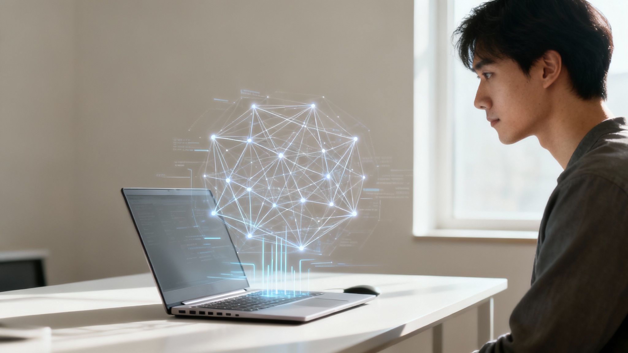 Young man working on a laptop with a glowing holographic network diagram above it.