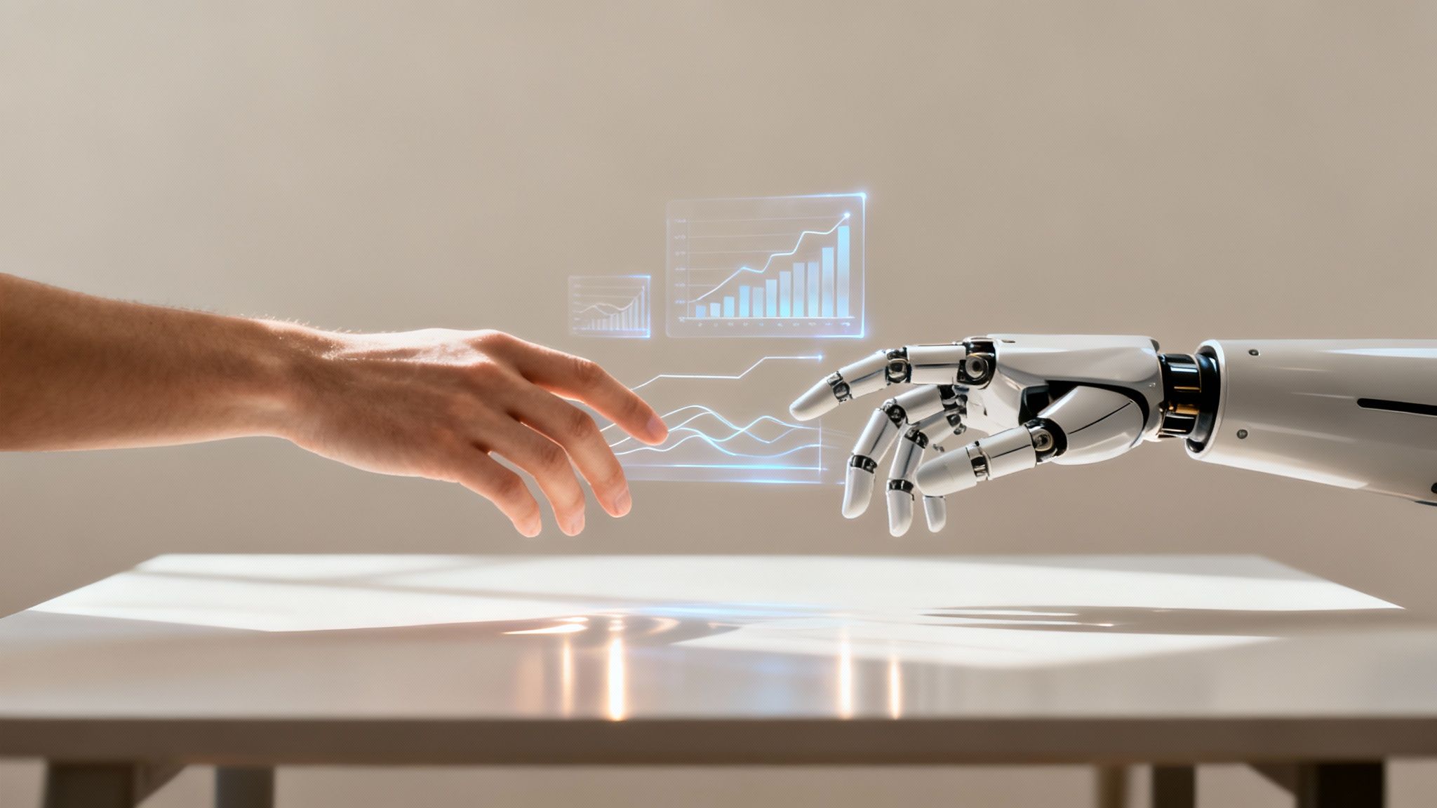 Human hand reaches for a robot hand, holographic data visualizing technology connection.