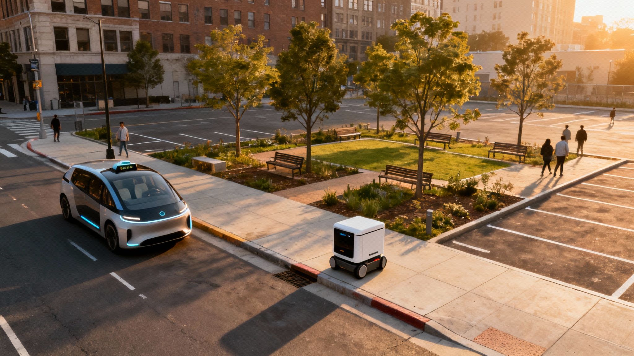 A futuristic cityscape at night with light trails from autonomous vehicles on the highway.