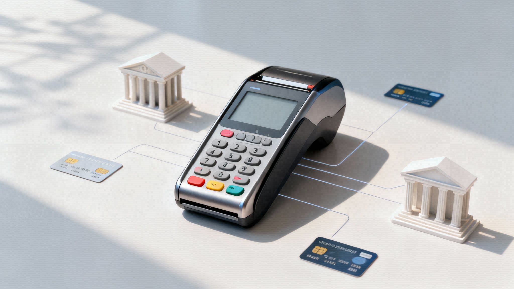 A hand holding a credit card over a POS terminal, illustrating a transaction