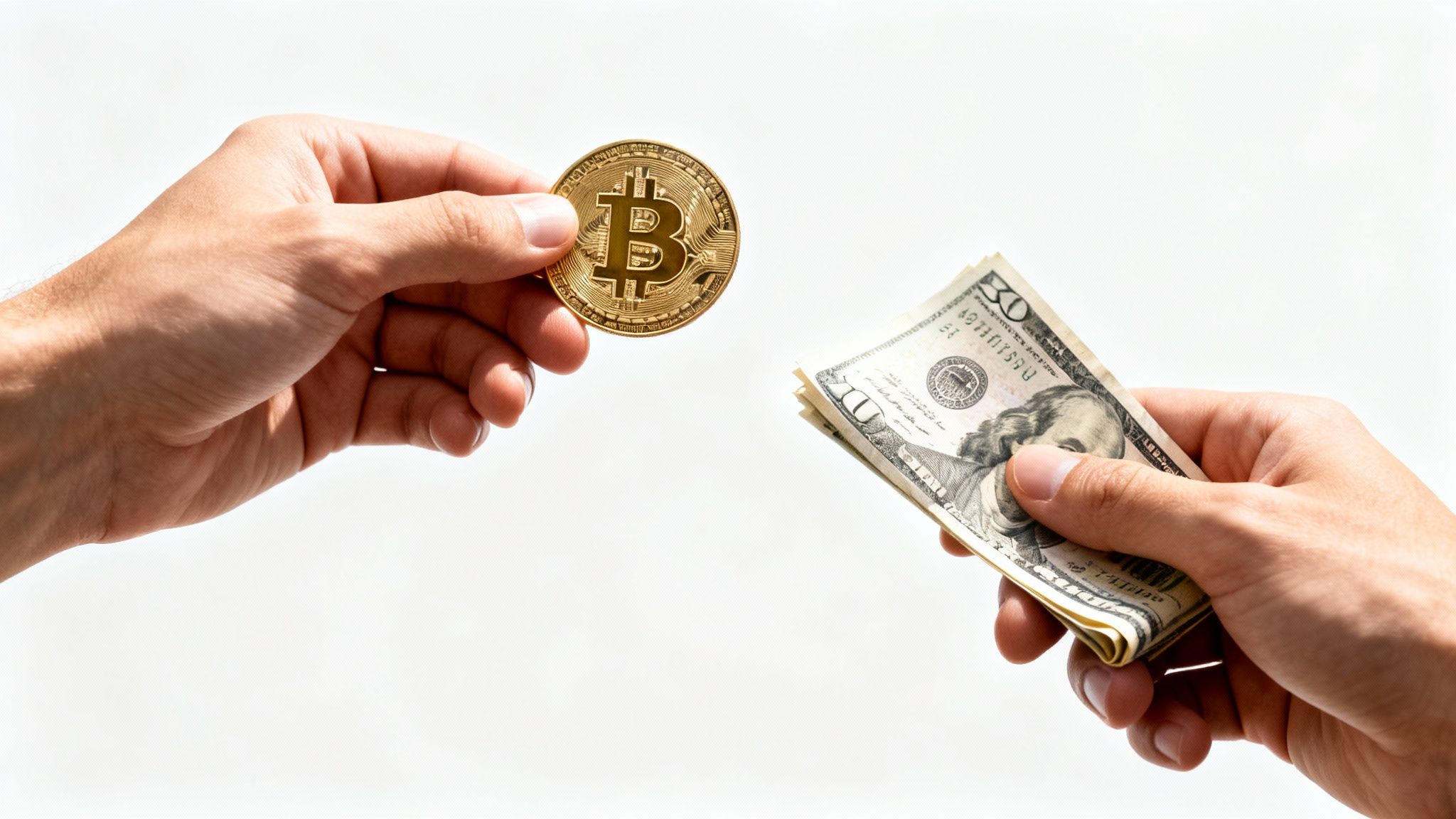 Two hands exchanging a golden Bitcoin coin for a stack of US dollar bills on a white background.