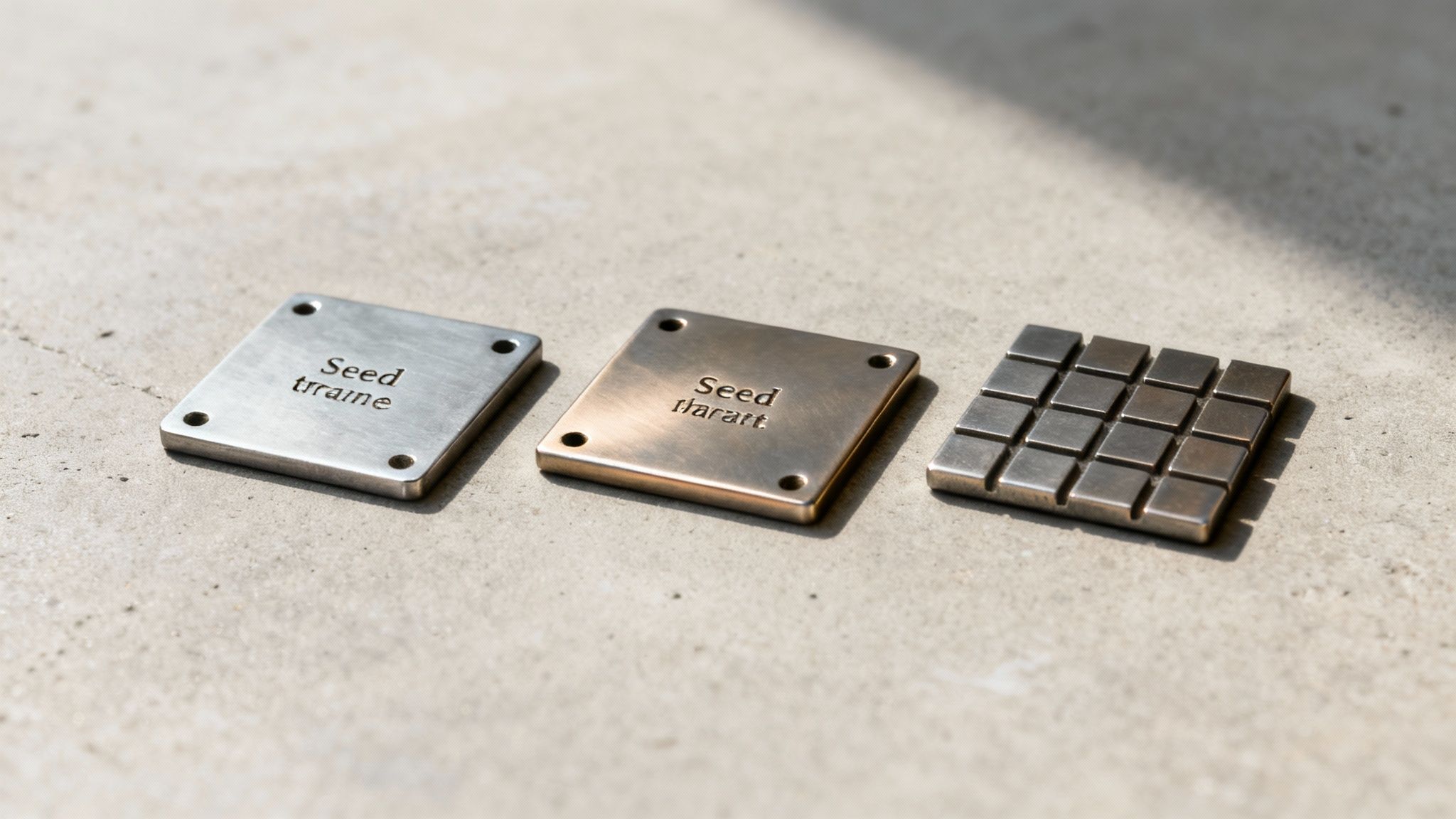 Three metal seed phrase storage plates with engraved text and grid pattern on concrete surface